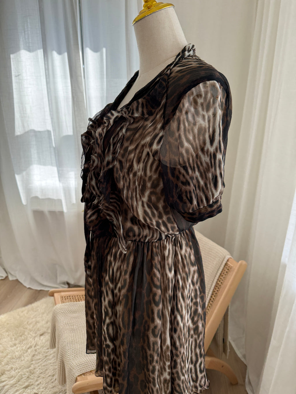 Jason Wu Brown Animal Print Mini Dress | Ruffle Detail A-Line Dress – Size M