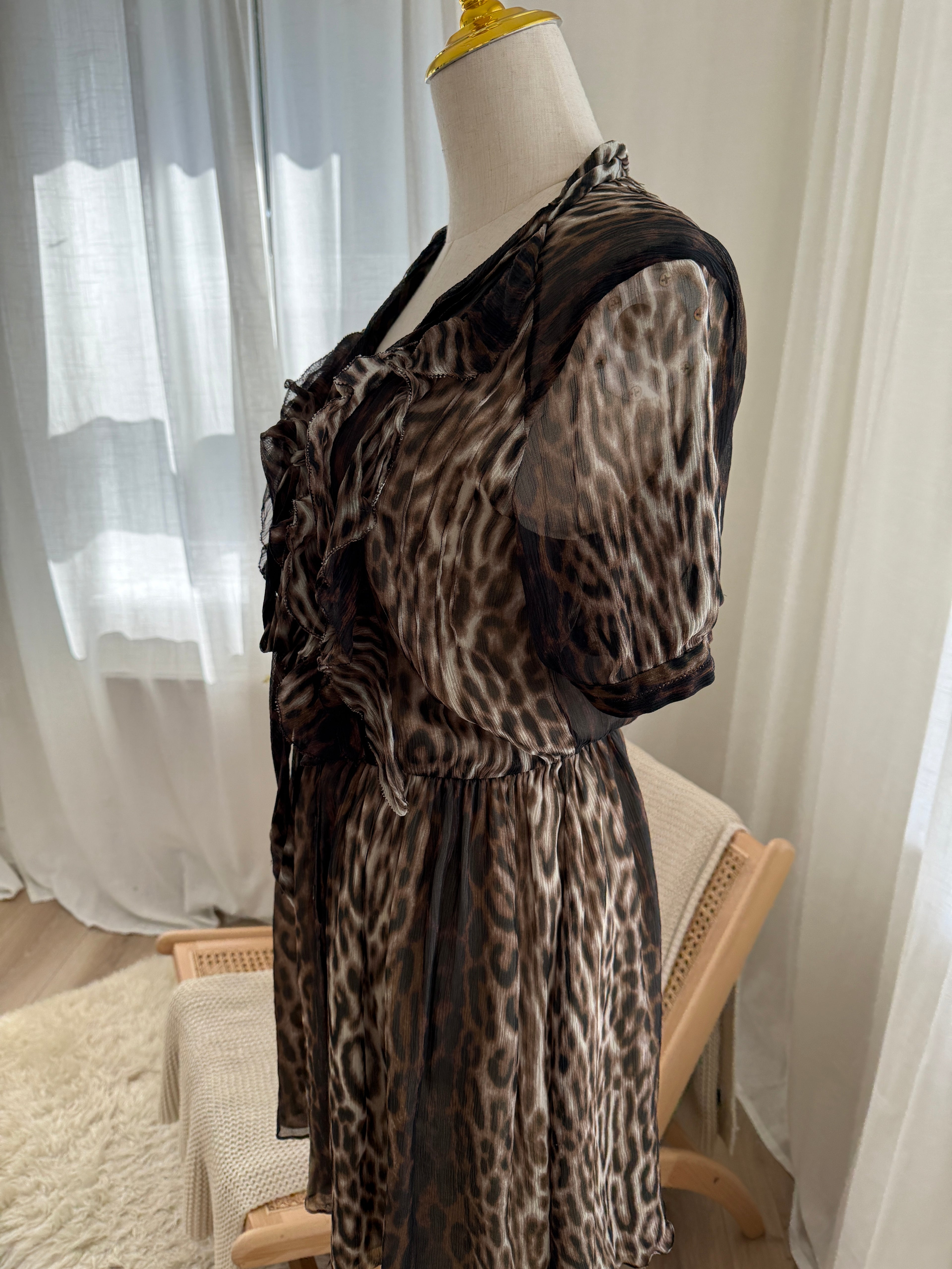 Jason Wu Brown Animal Print Mini Dress | Ruffle Detail A-Line Dress – Size M