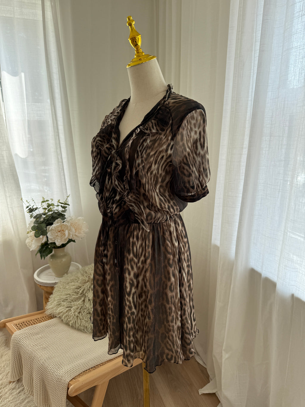 Jason Wu Brown Animal Print Mini Dress | Ruffle Detail A-Line Dress – Size M