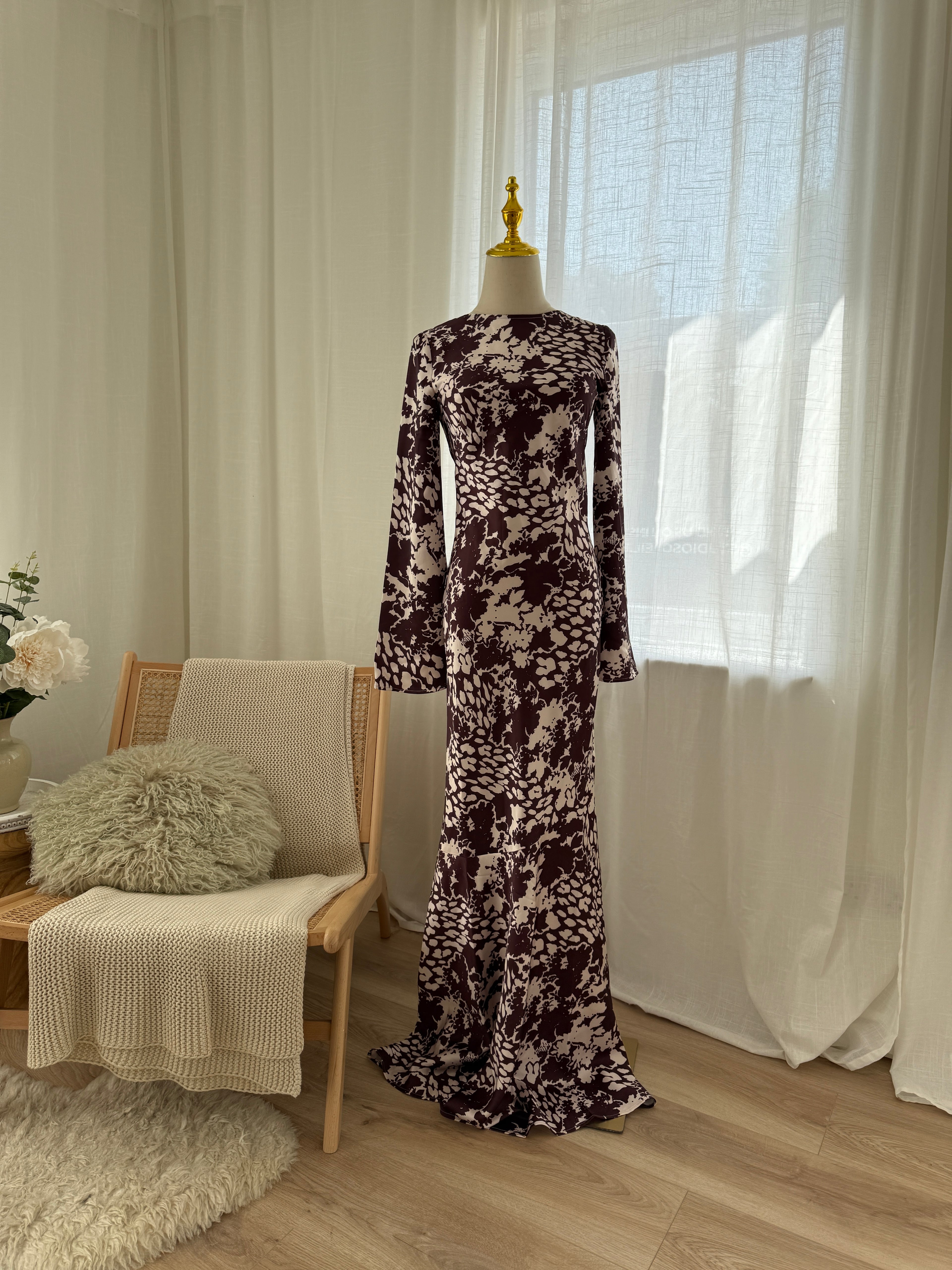 Day 6 Brown & Cream Print Maxi Dress Long Sleeve Satin Gown - UK 6