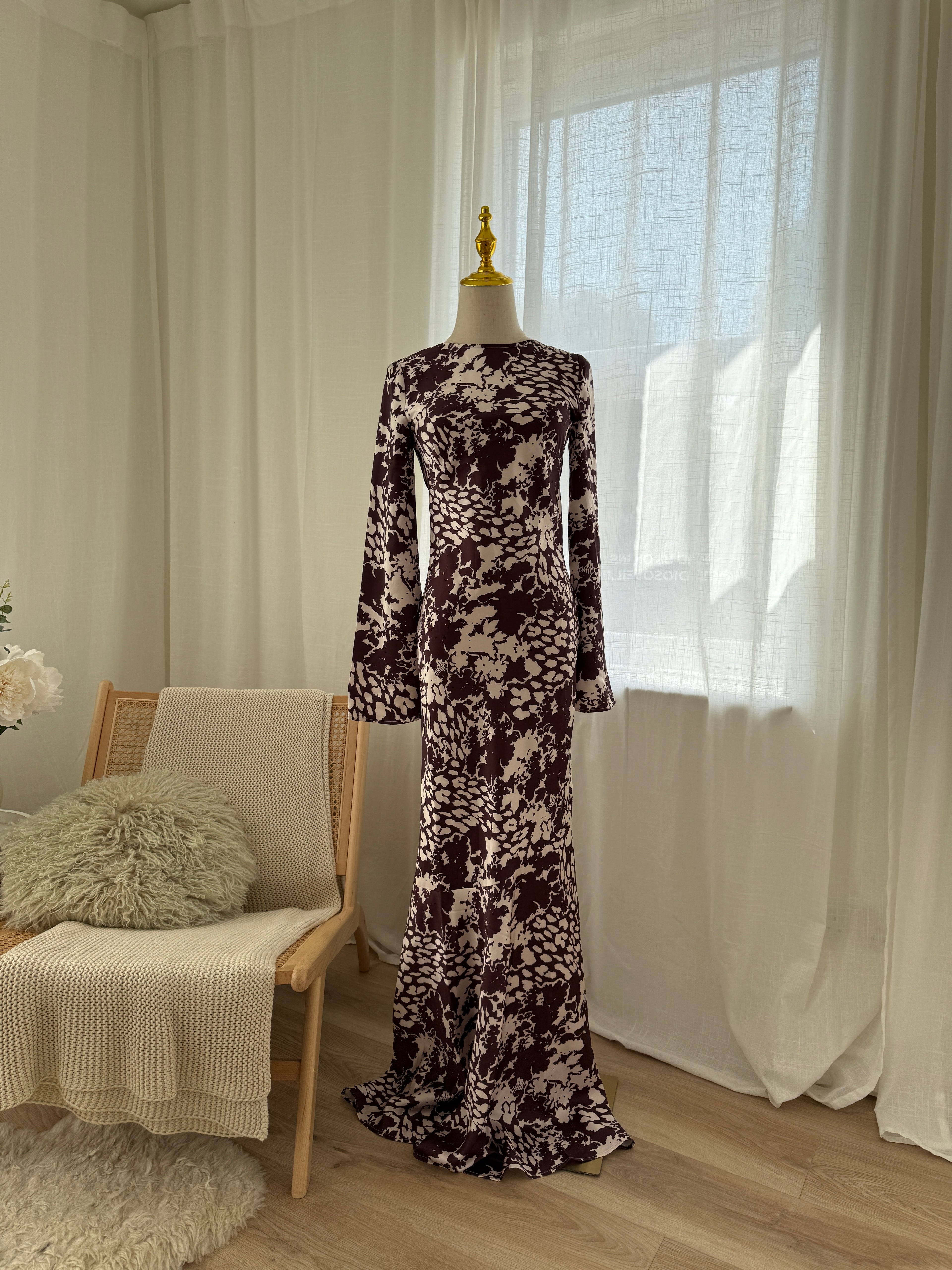 Day 6 Brown & Cream Print Maxi Dress Long Sleeve Satin Gown - UK 6