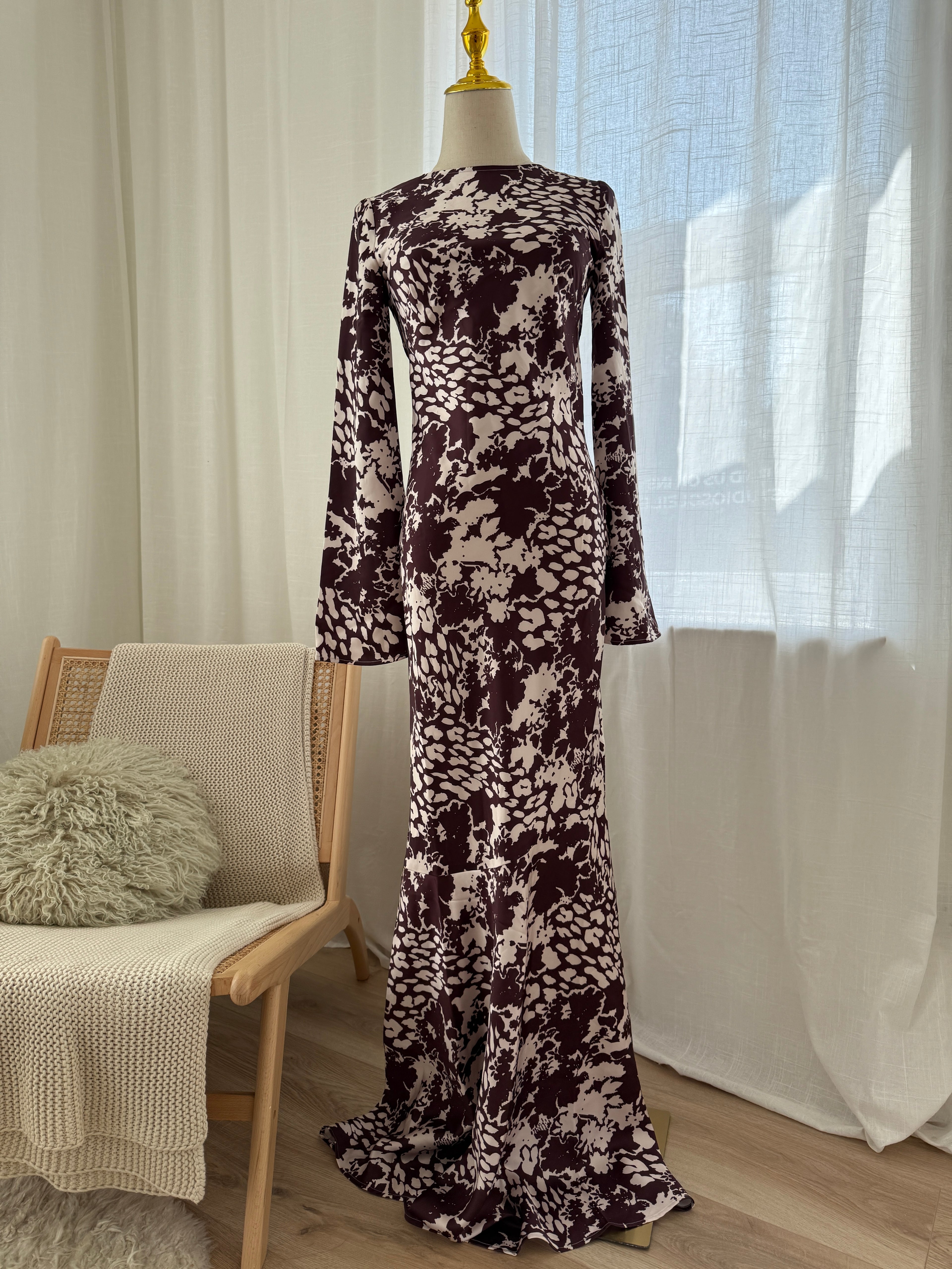 Day 6 Brown & Cream Print Maxi Dress Long Sleeve Satin Gown - UK 6