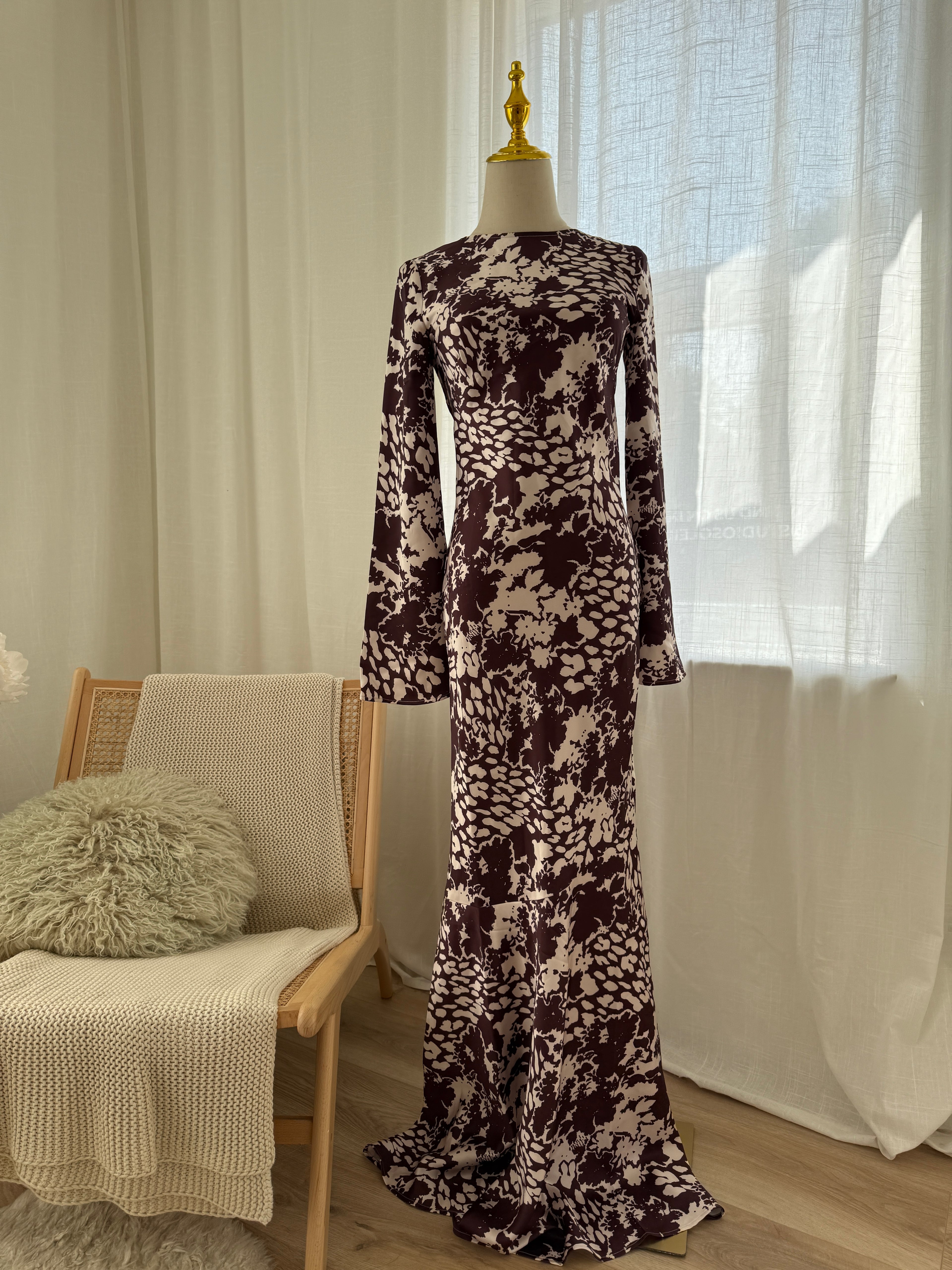 Day 6 Brown & Cream Print Maxi Dress Long Sleeve Satin Gown - UK 6