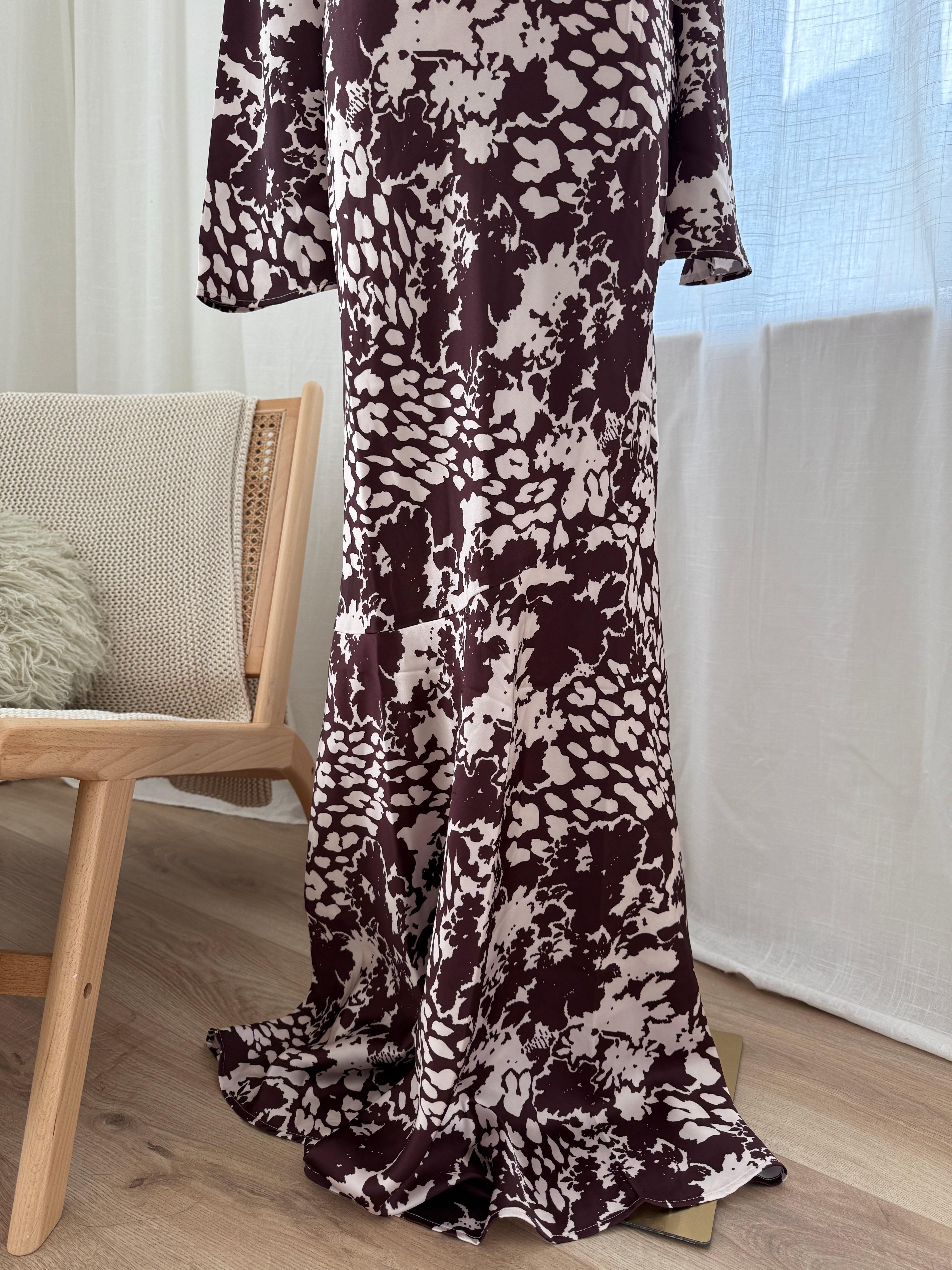 Day 6 Brown & Cream Print Maxi Dress Long Sleeve Satin Gown - UK 6