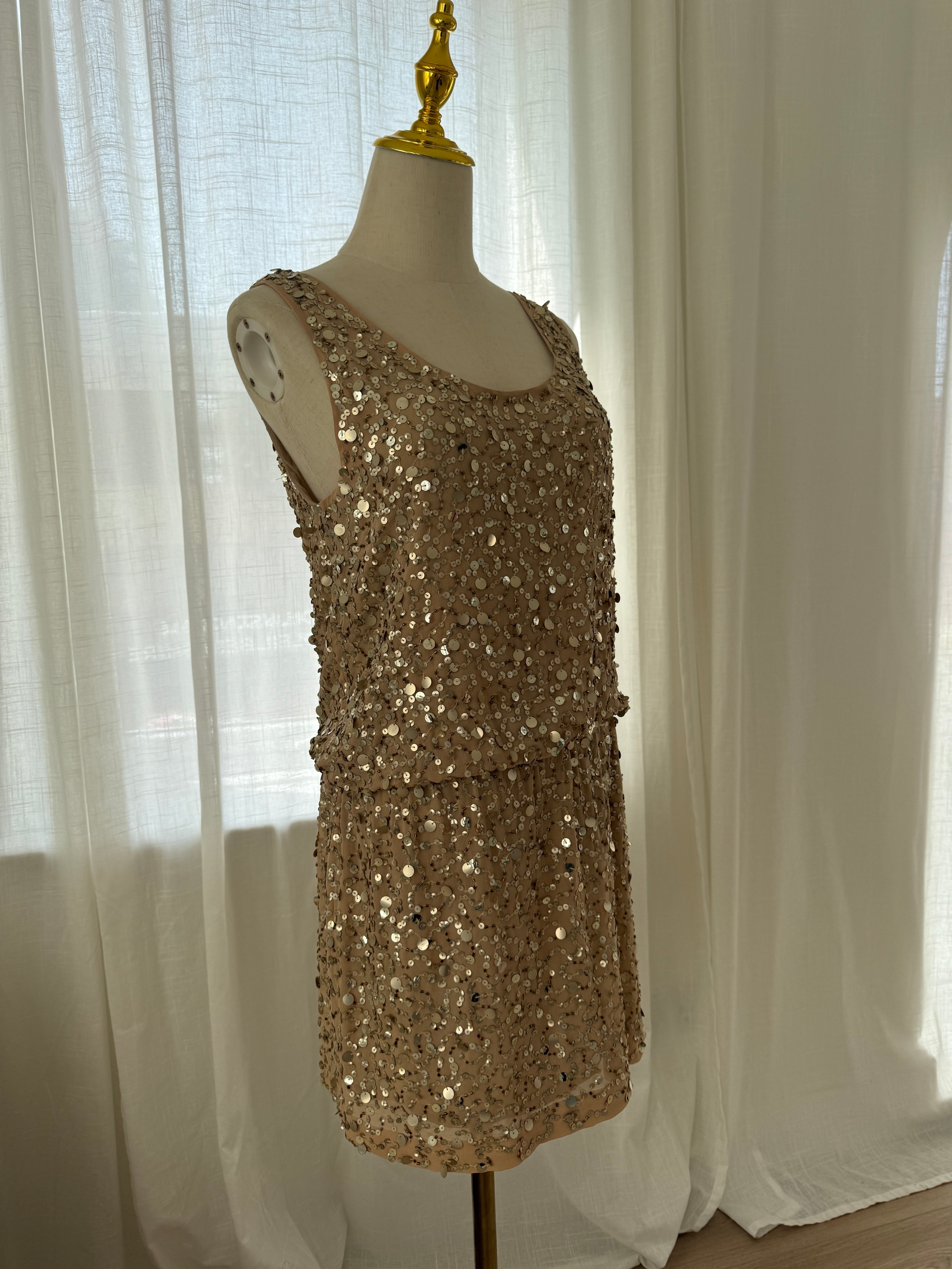 Nicole Miller Gold Sequin Silk Mini Dress – Size M
