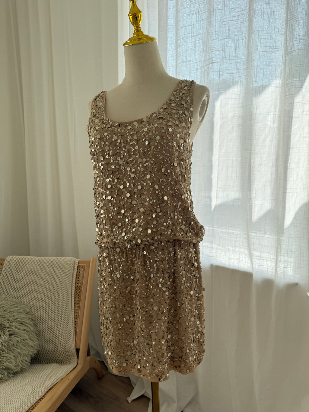 Nicole Miller Gold Sequin Silk Mini Dress – Size M