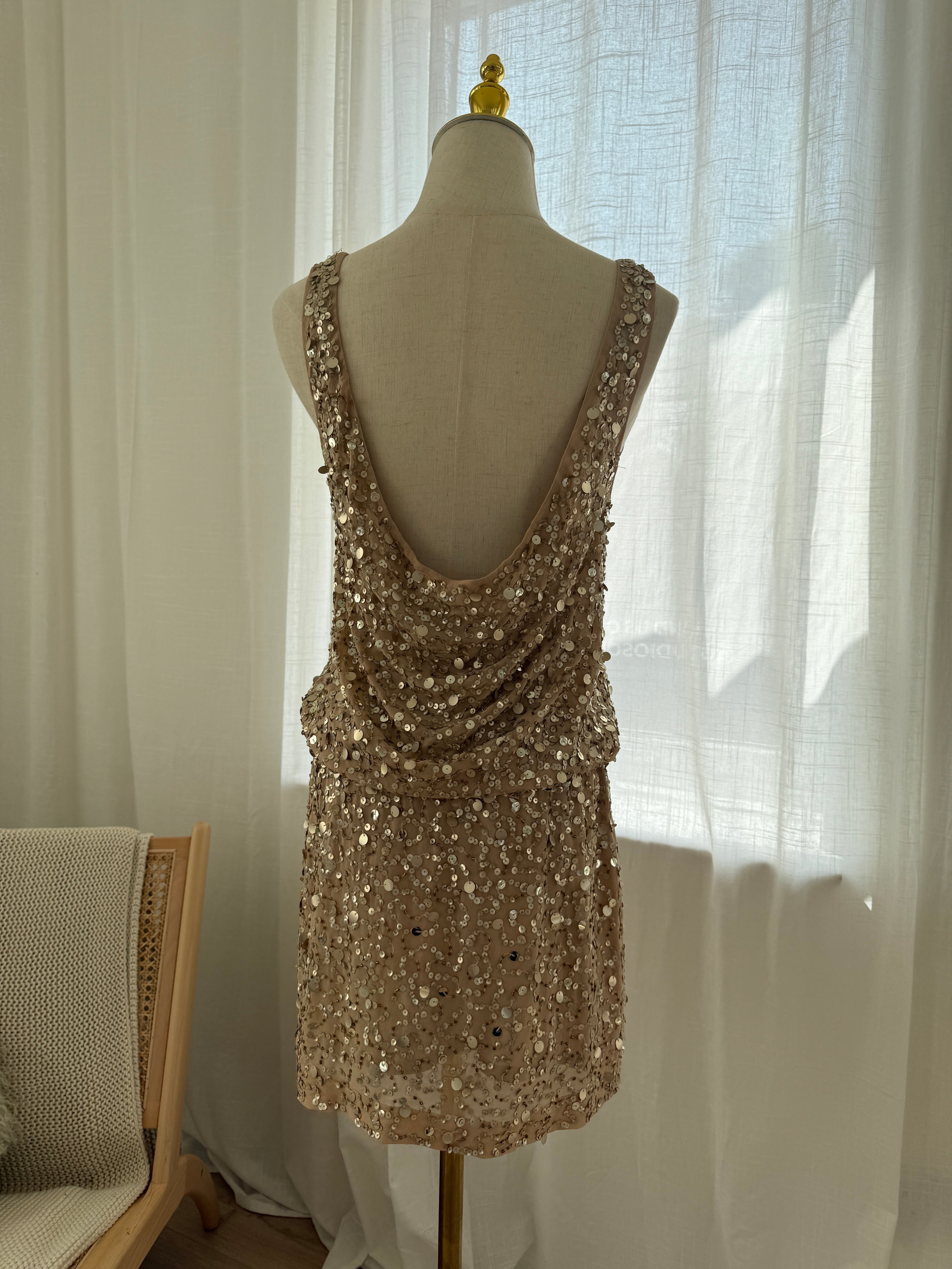 Nicole Miller Gold Sequin Silk Mini Dress – Size M