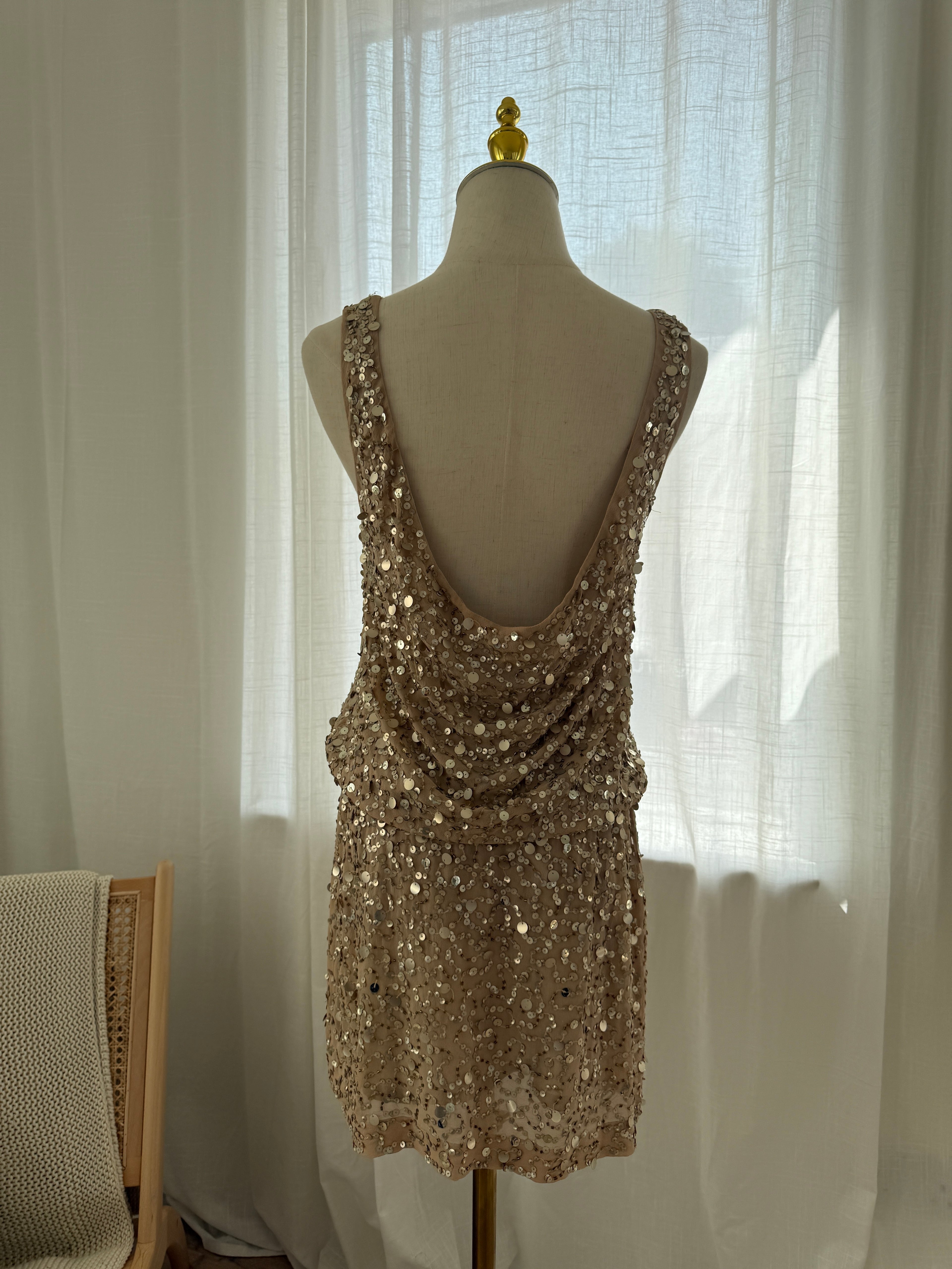 Nicole Miller Gold Sequin Silk Mini Dress – Size M