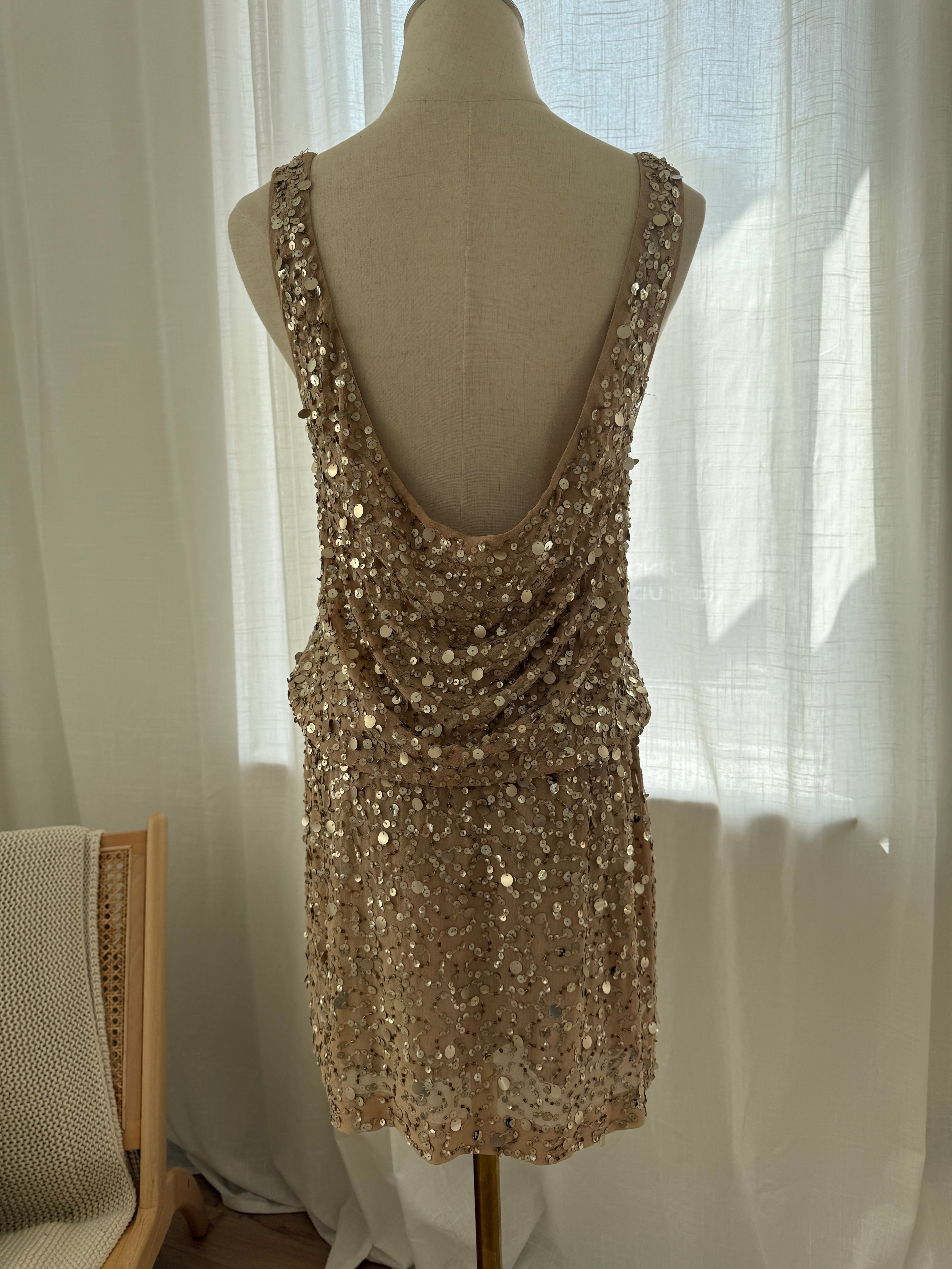 Nicole Miller Gold Sequin Silk Mini Dress – Size M
