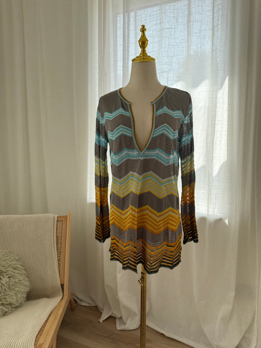 M Missoni Multicolour Chevron Knit Blouse | Plunge Neck Top in Viscose & Cotton – Size M