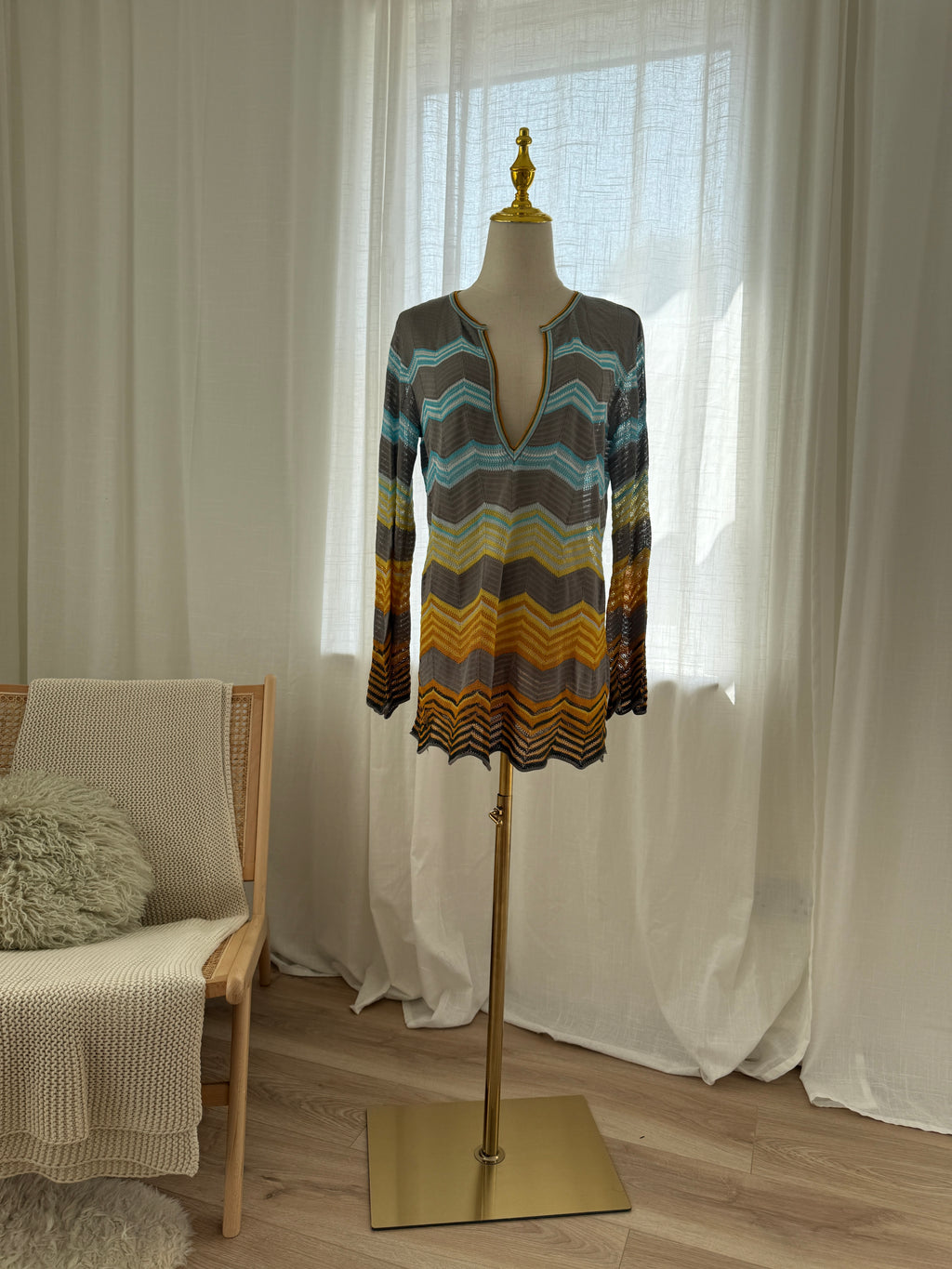 M Missoni Multicolour Chevron Knit Blouse | Plunge Neck Top in Viscose & Cotton – Size M