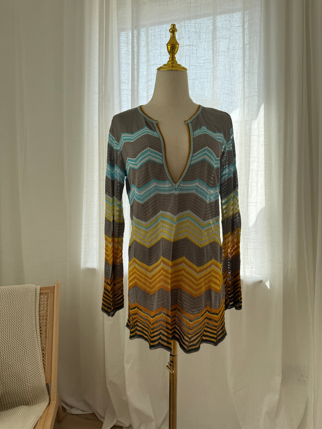 M Missoni Multicolour Chevron Knit Blouse | Plunge Neck Top in Viscose & Cotton – Size M