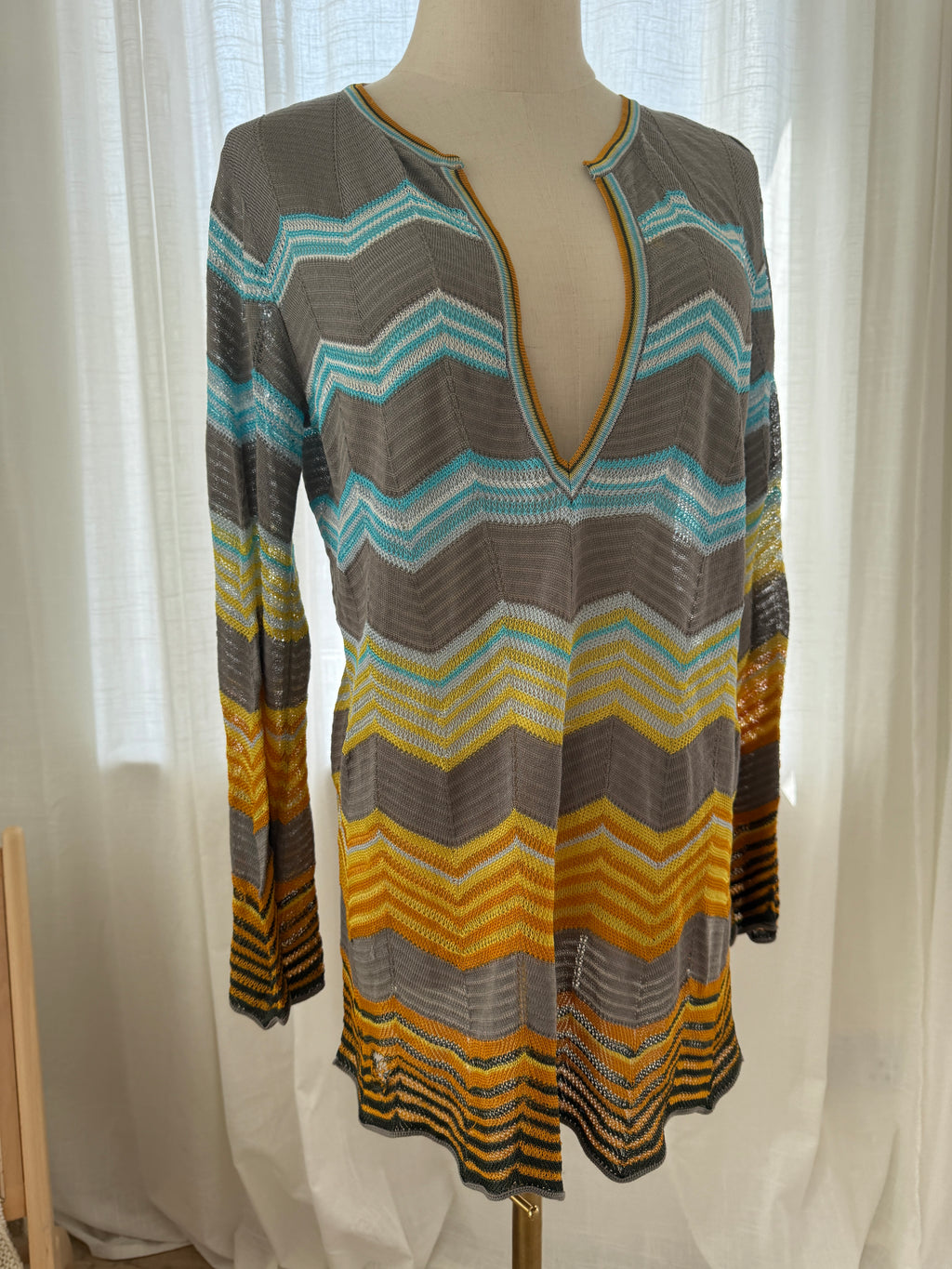 M Missoni Multicolour Chevron Knit Blouse | Plunge Neck Top in Viscose & Cotton – Size M