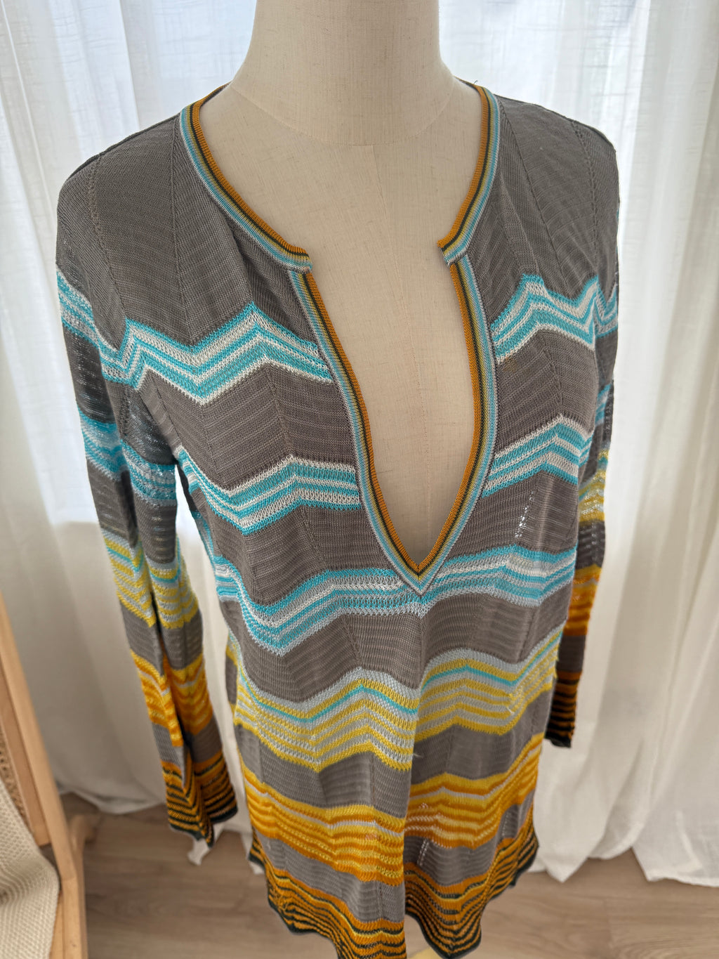 M Missoni Multicolour Chevron Knit Blouse | Plunge Neck Top in Viscose & Cotton – Size M