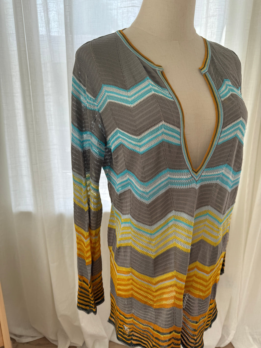 M Missoni Multicolour Chevron Knit Blouse | Plunge Neck Top in Viscose & Cotton – Size M