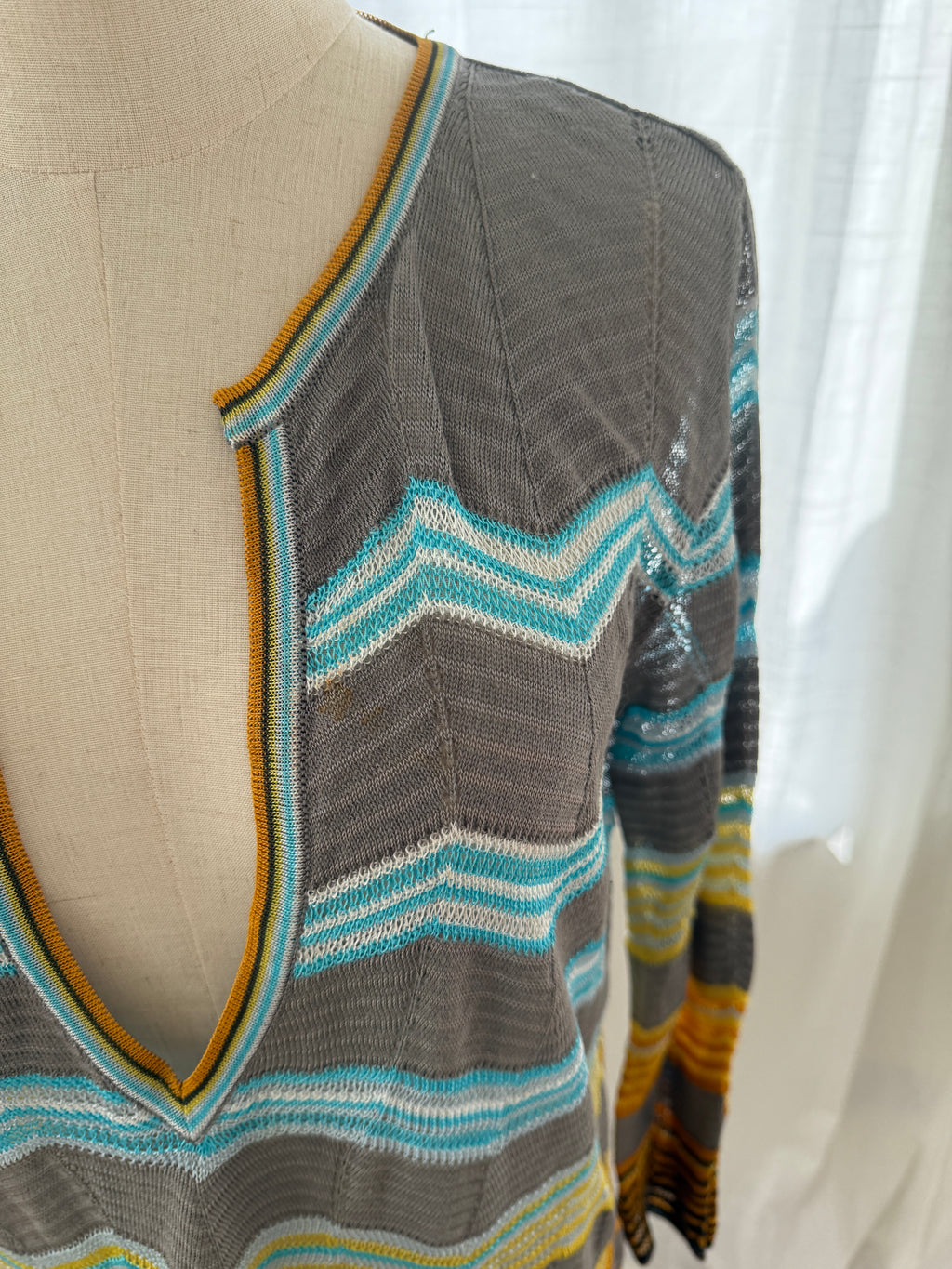 M Missoni Multicolour Chevron Knit Blouse | Plunge Neck Top in Viscose & Cotton – Size M