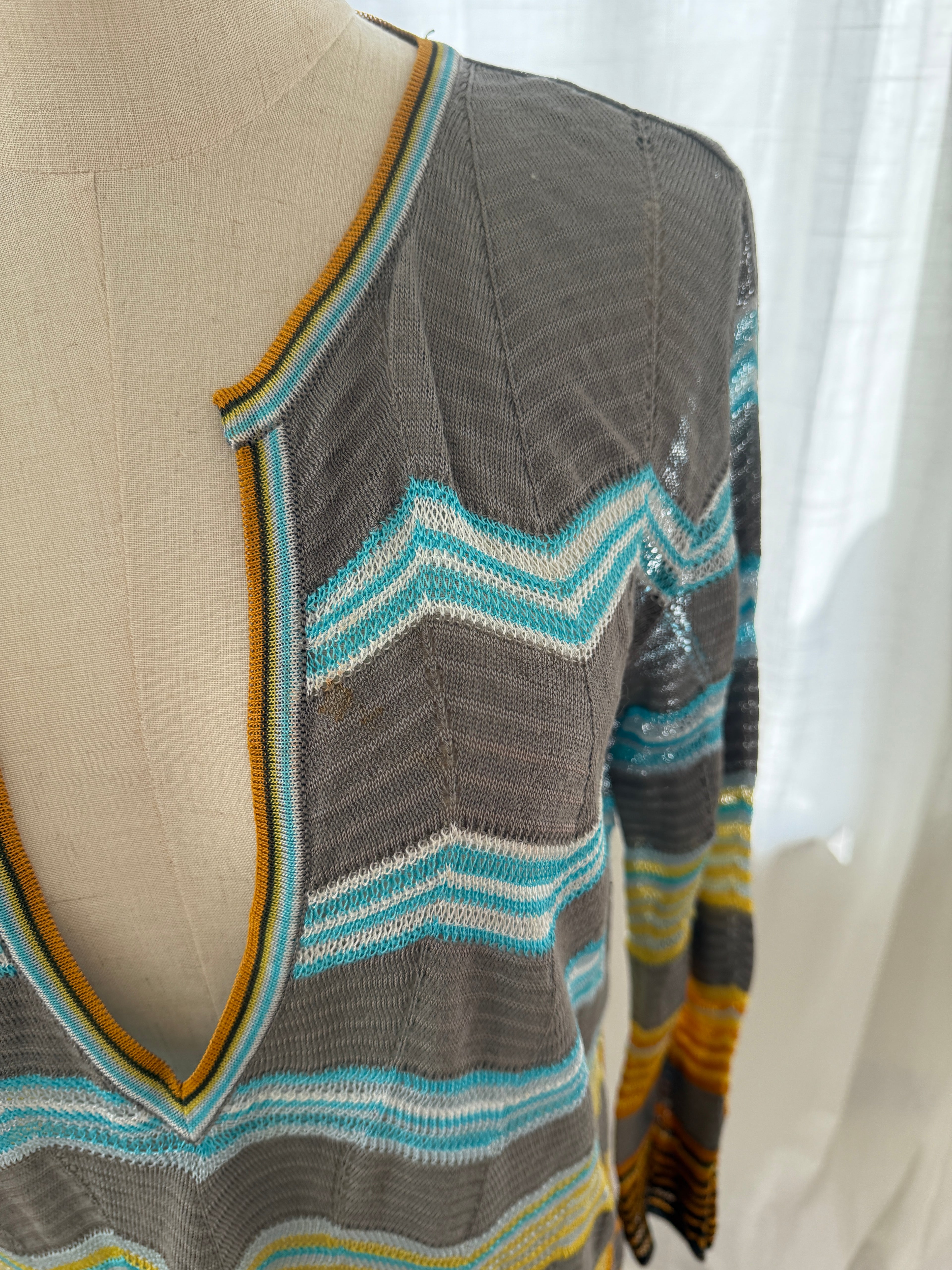 M Missoni Multicolour Chevron Knit Blouse | Plunge Neck Top in Viscose & Cotton – Size M