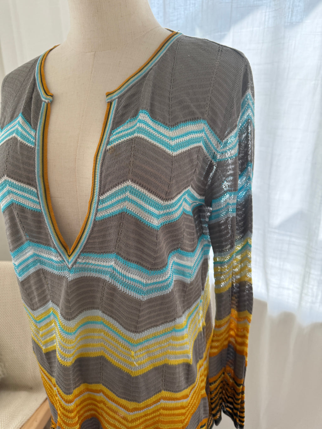 M Missoni Multicolour Chevron Knit Blouse | Plunge Neck Top in Viscose & Cotton – Size M