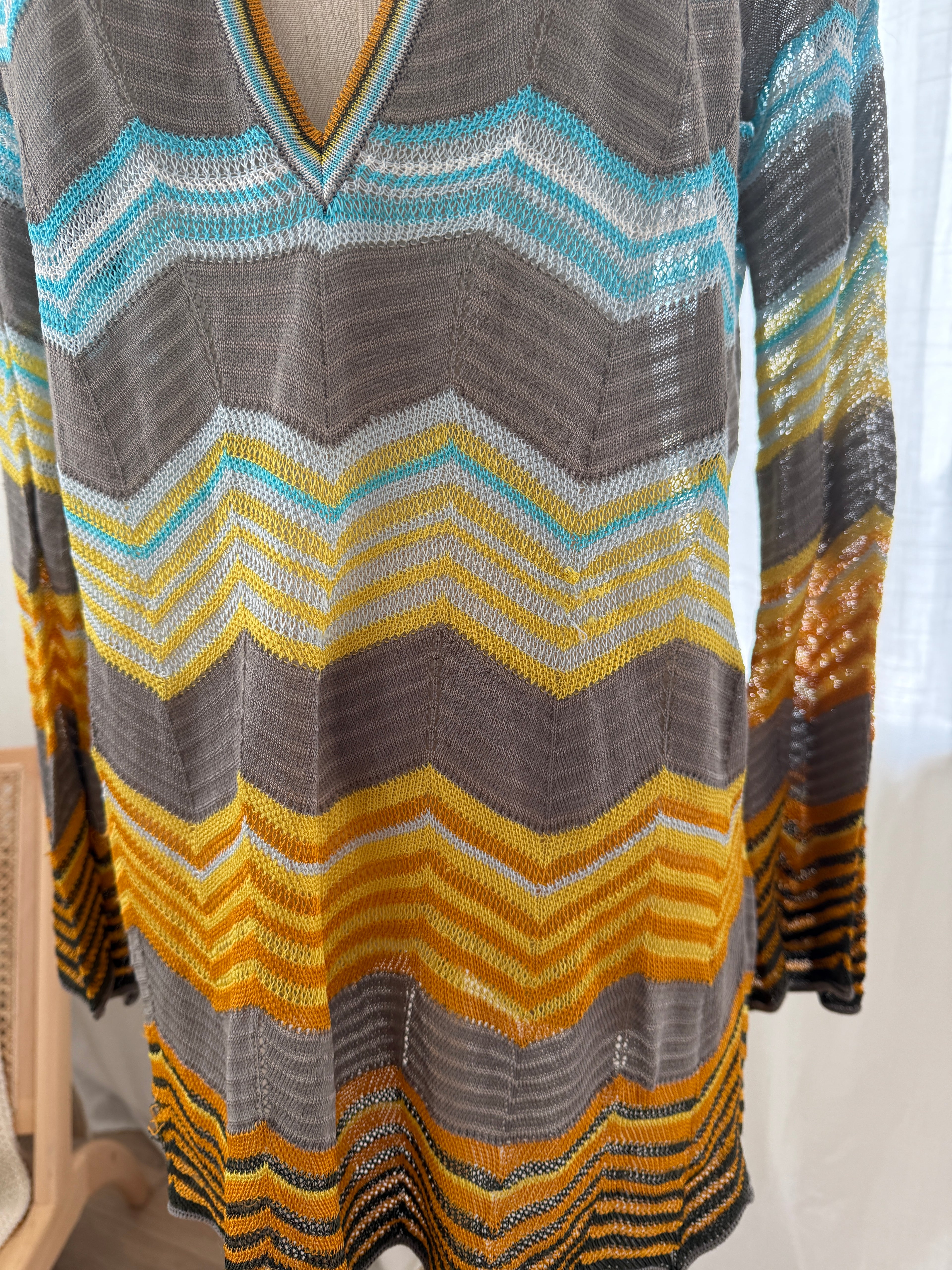 M Missoni Multicolour Chevron Knit Blouse | Plunge Neck Top in Viscose & Cotton – Size M