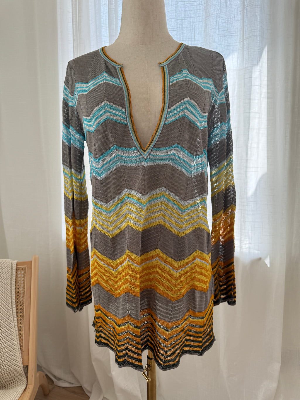 M Missoni Multicolour Chevron Knit Blouse | Plunge Neck Top in Viscose & Cotton – Size M