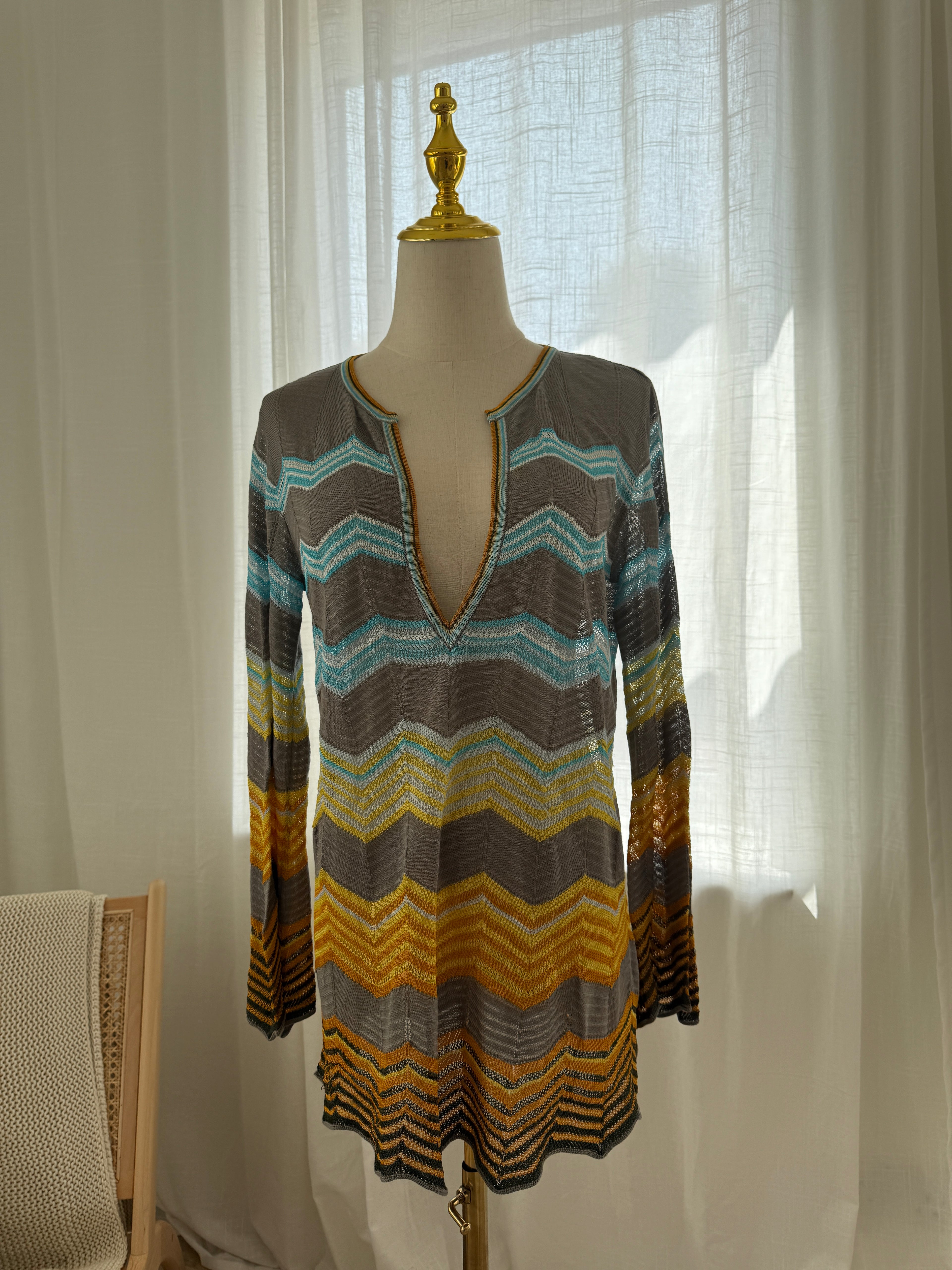 M Missoni Multicolour Chevron Knit Blouse | Plunge Neck Top in Viscose & Cotton – Size M