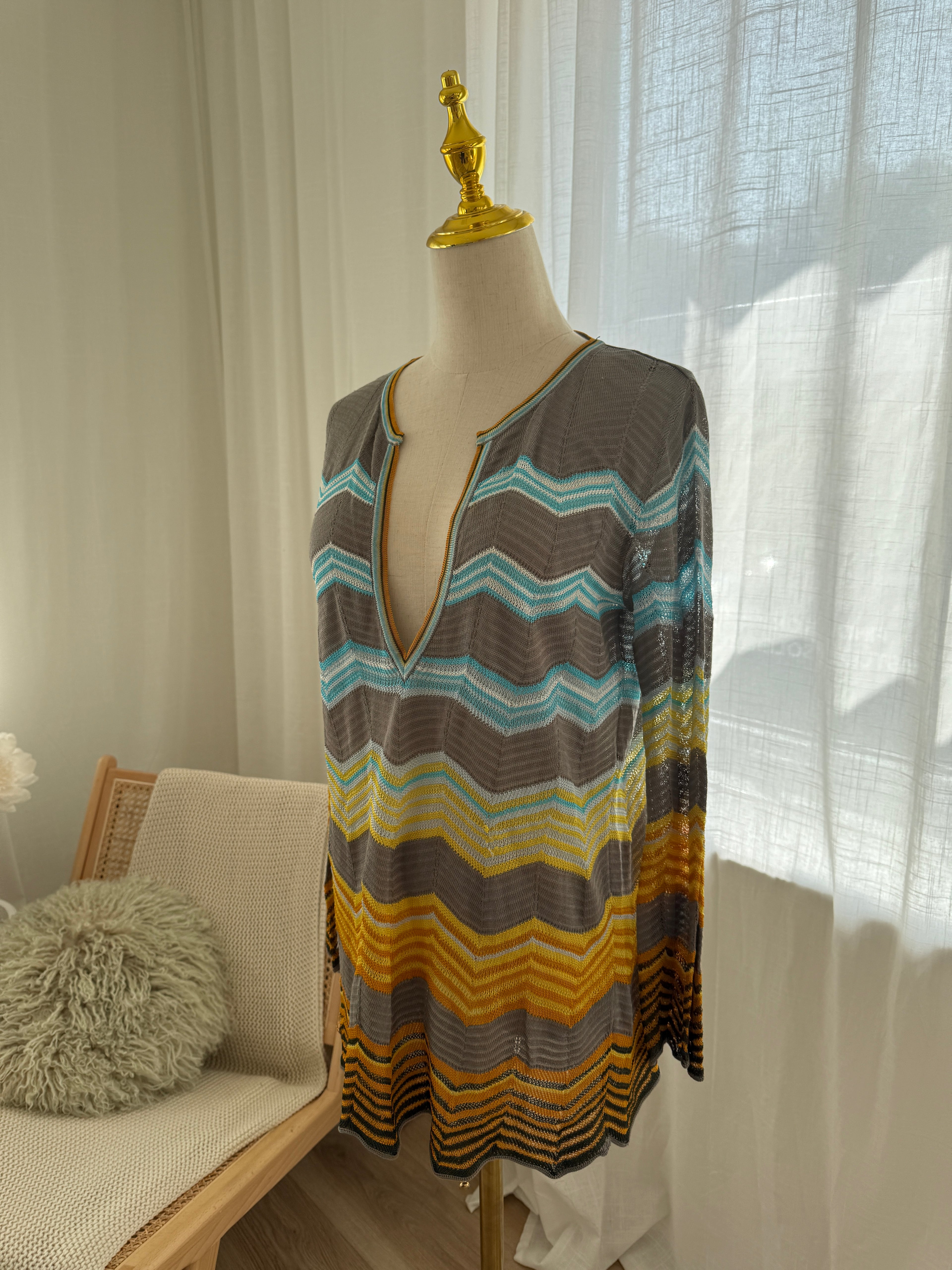 M Missoni Multicolour Chevron Knit Blouse | Plunge Neck Top in Viscose & Cotton – Size M