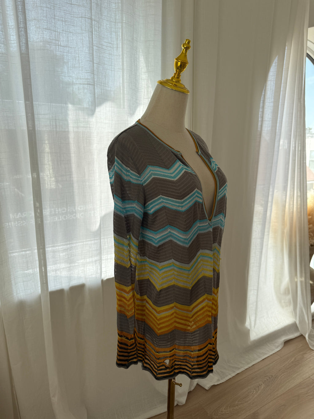 M Missoni Multicolour Chevron Knit Blouse | Plunge Neck Top in Viscose & Cotton – Size M