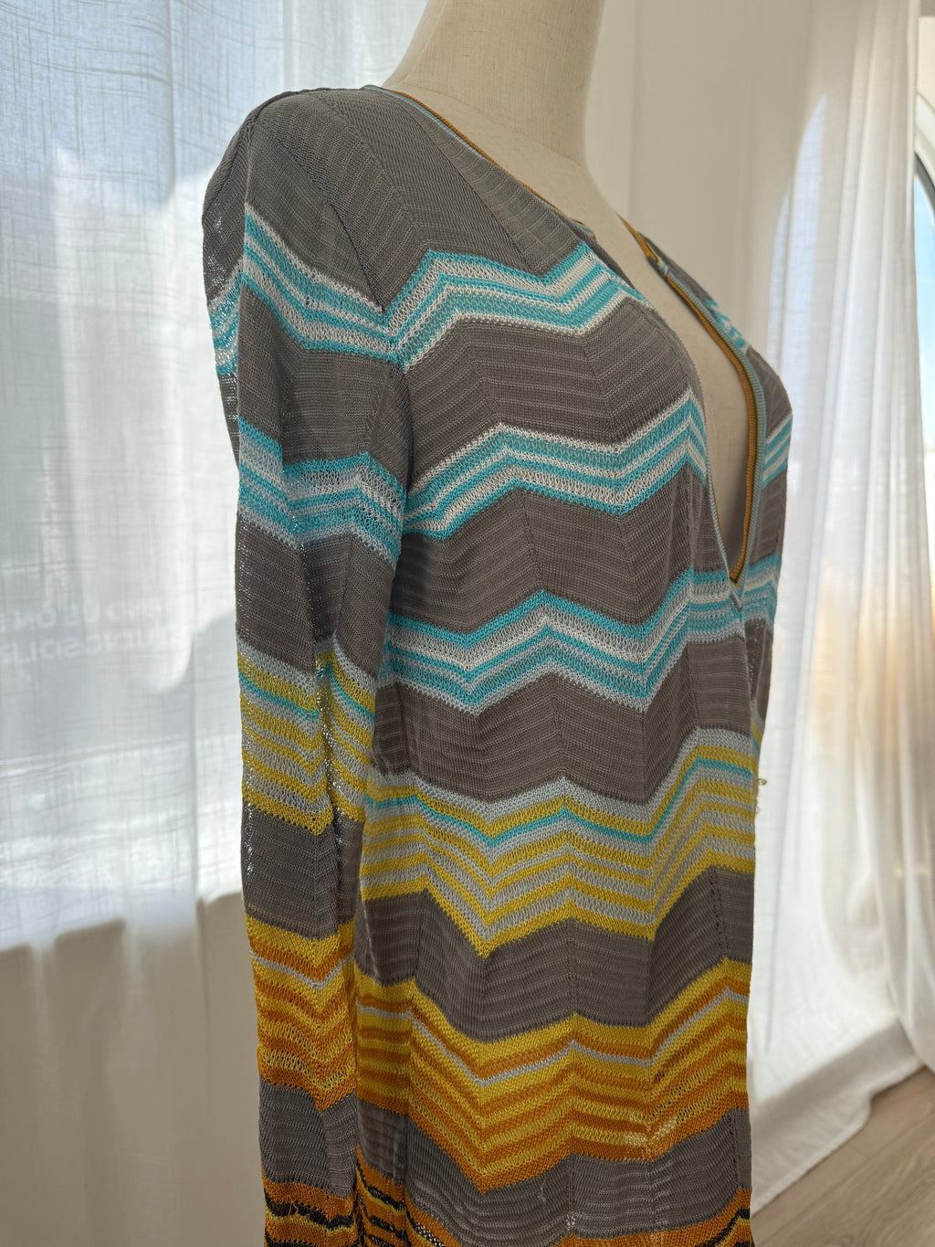 M Missoni Multicolour Chevron Knit Blouse | Plunge Neck Top in Viscose & Cotton – Size M