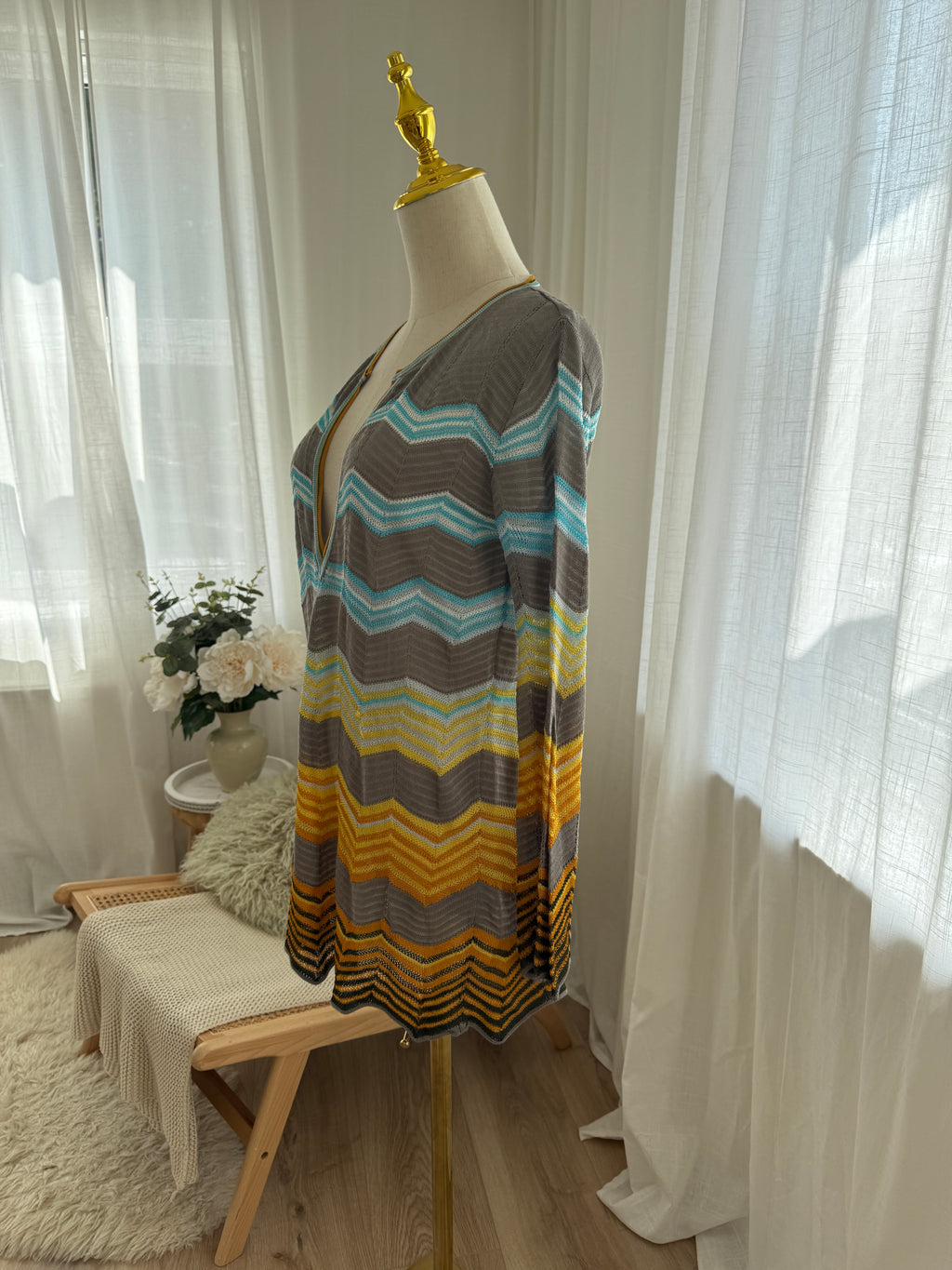 M Missoni Multicolour Chevron Knit Blouse | Plunge Neck Top in Viscose & Cotton – Size M