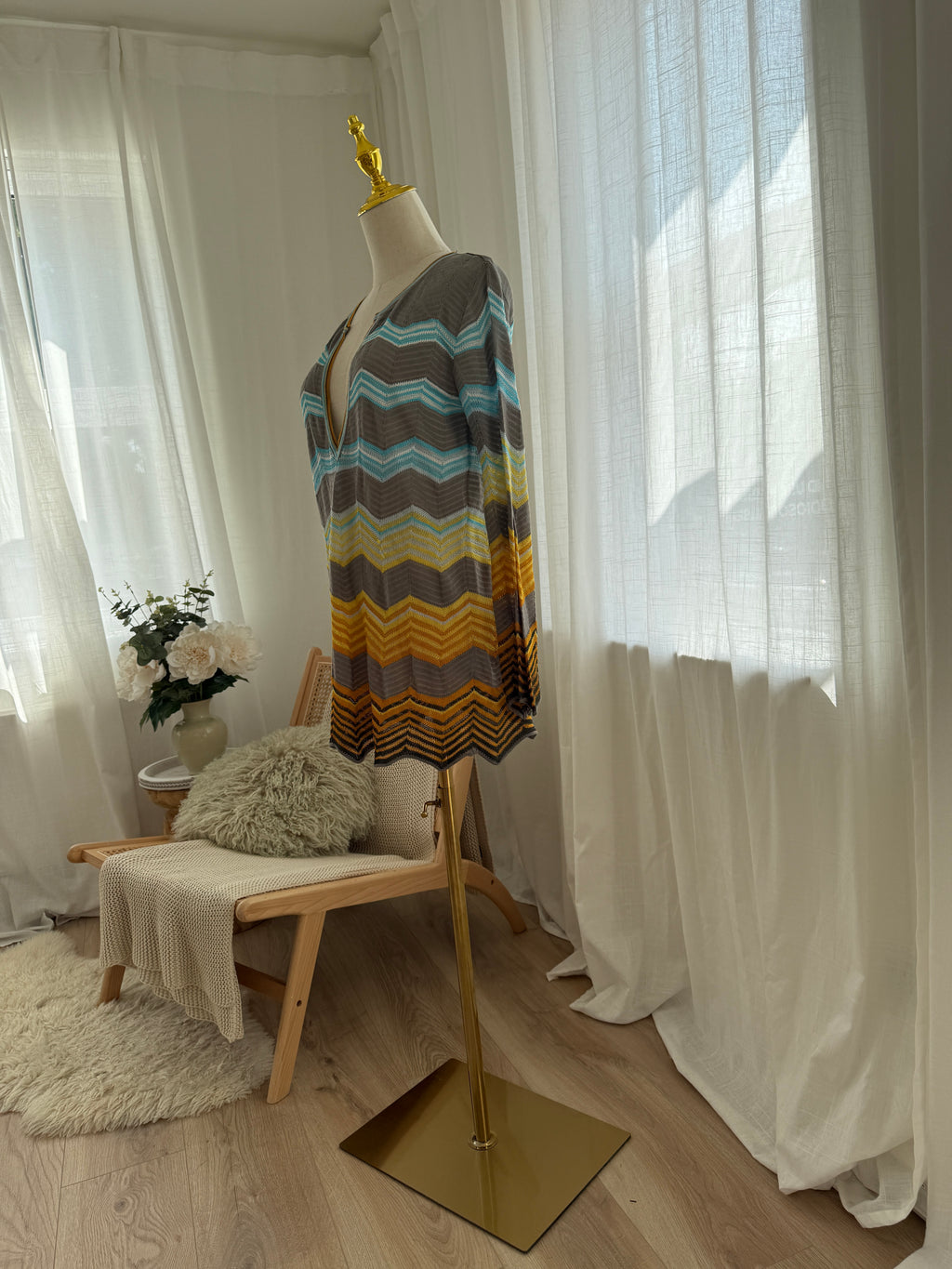 M Missoni Multicolour Chevron Knit Blouse | Plunge Neck Top in Viscose & Cotton – Size M