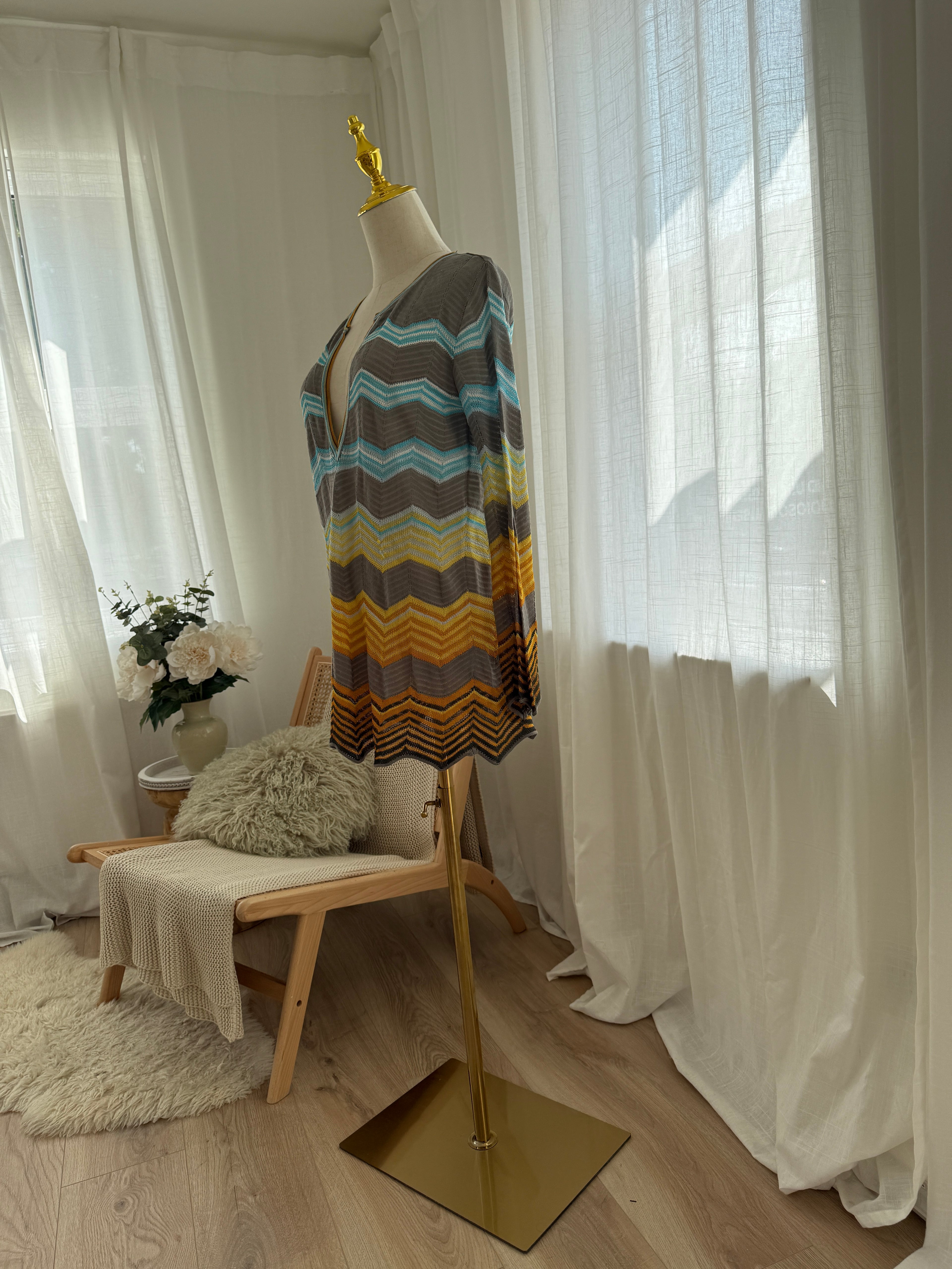 M Missoni Multicolour Chevron Knit Blouse | Plunge Neck Top in Viscose & Cotton – Size M