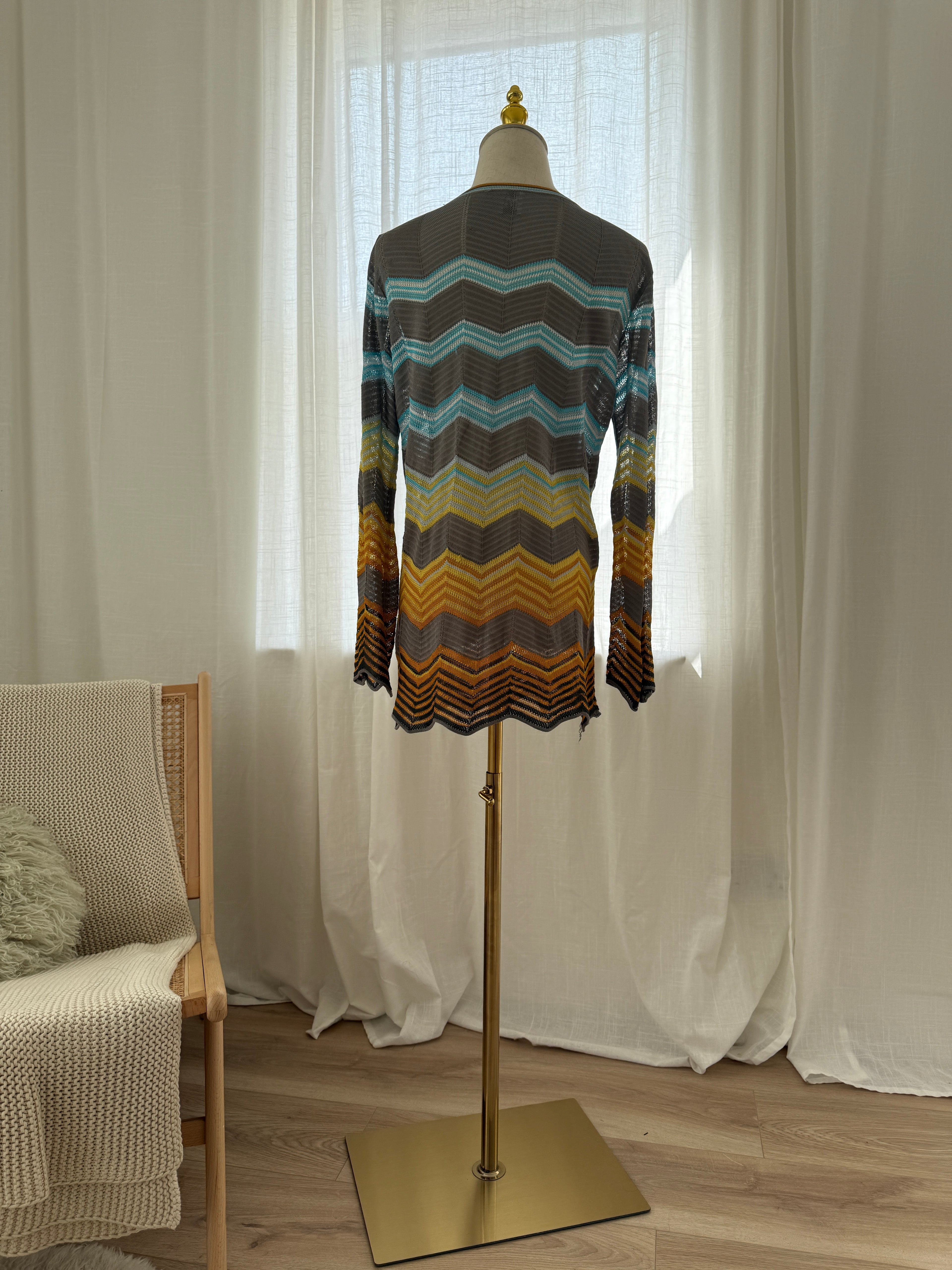 M Missoni Multicolour Chevron Knit Blouse | Plunge Neck Top in Viscose & Cotton – Size M