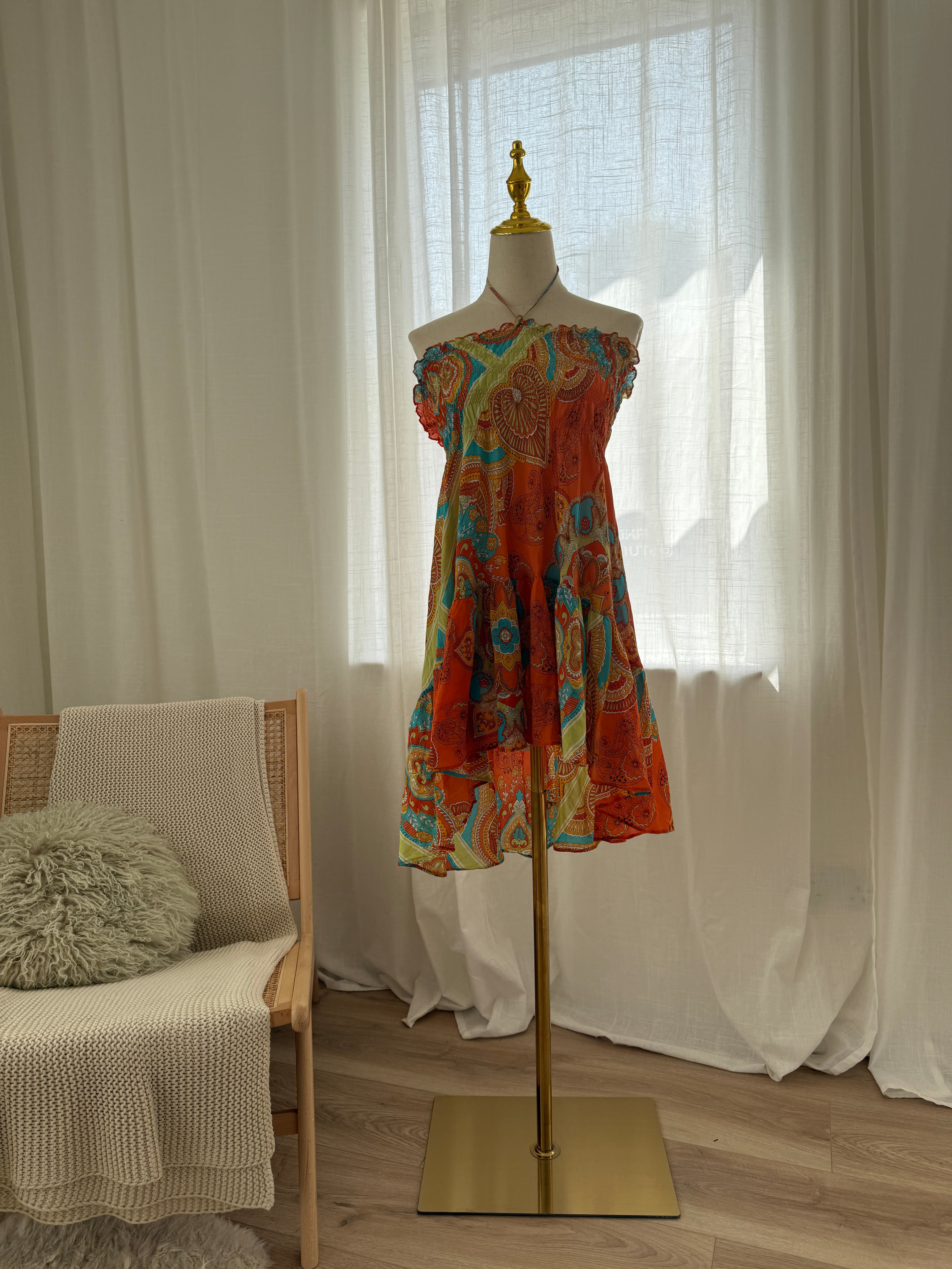 Joie Orange Printed Halterneck Mini Dress | Cotton Silk Ruffle Trim Tent Dress – Size S
