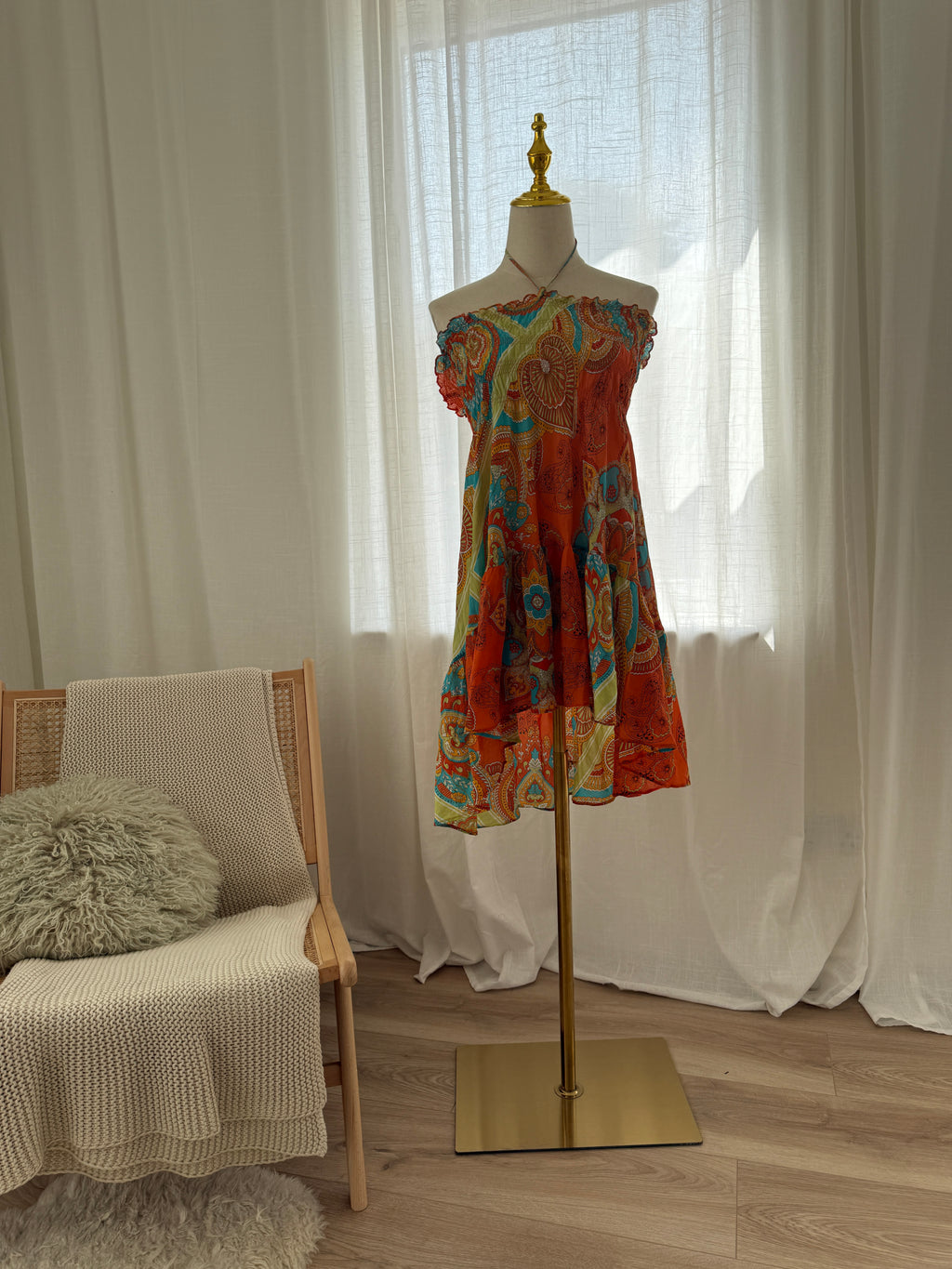Joie Orange Printed Halterneck Mini Dress | Cotton Silk Ruffle Trim Tent Dress – Size S