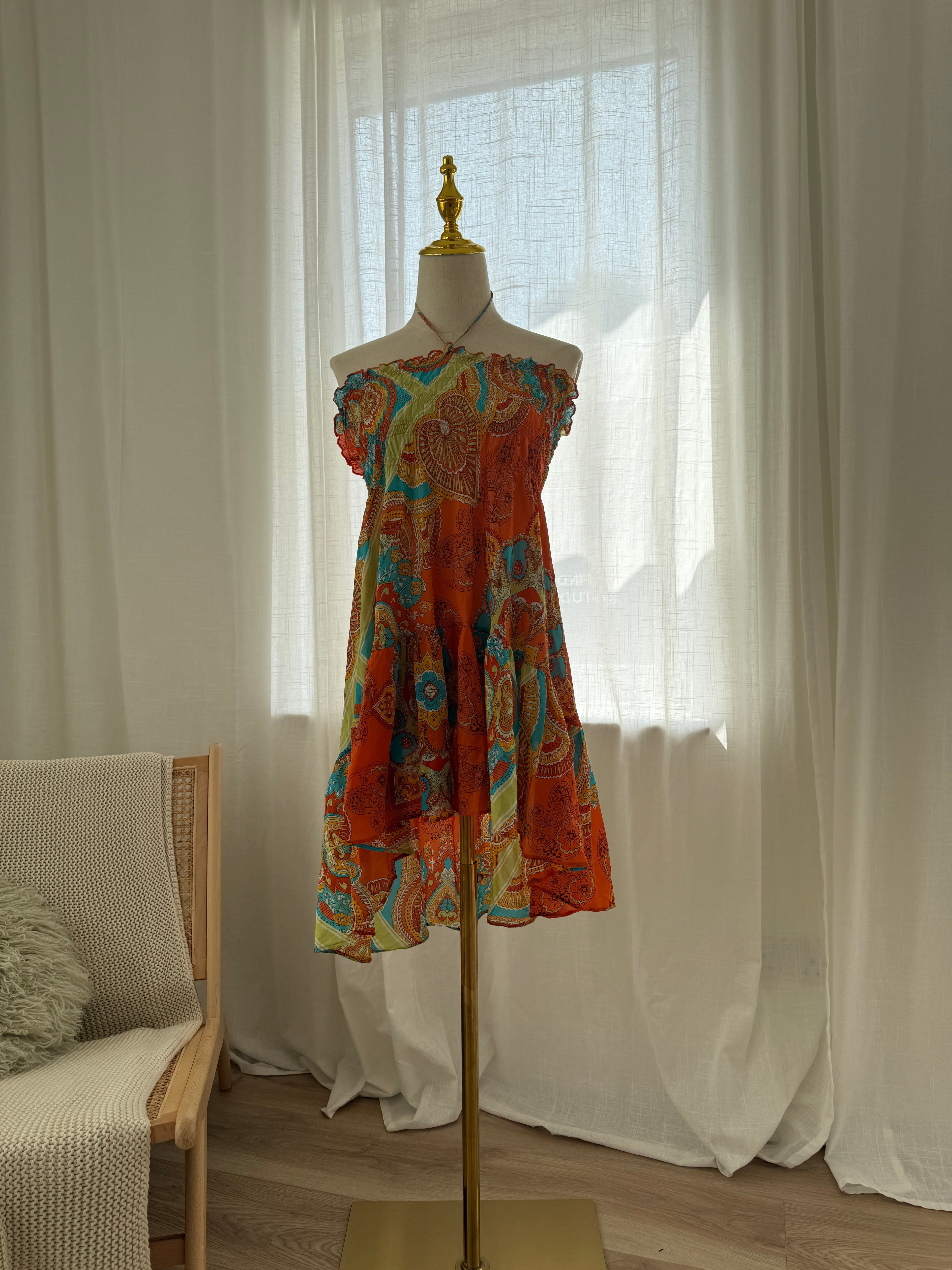 Joie Orange Printed Halterneck Mini Dress | Cotton Silk Ruffle Trim Tent Dress – Size S