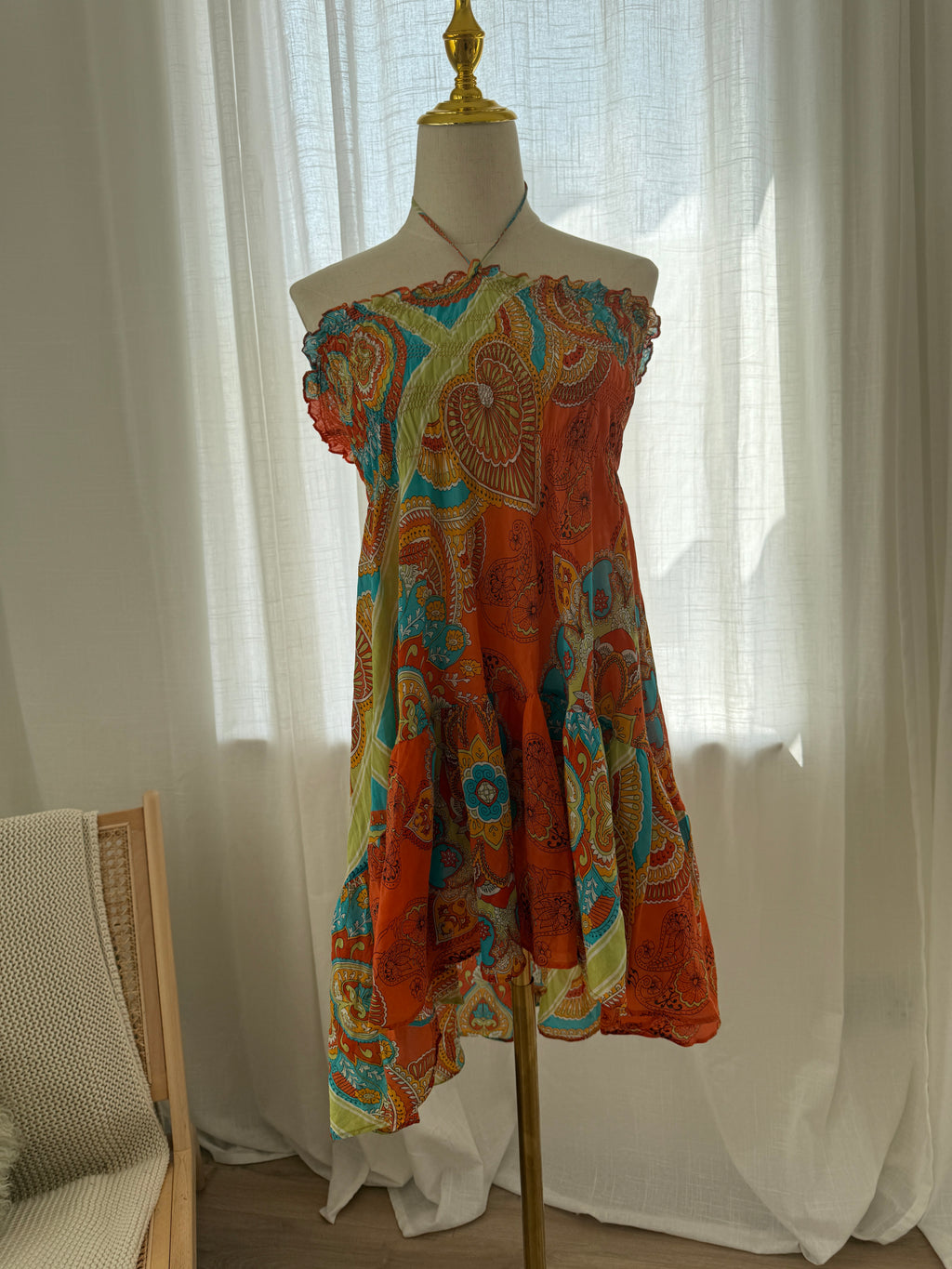 Joie Orange Printed Halterneck Mini Dress | Cotton Silk Ruffle Trim Tent Dress – Size S