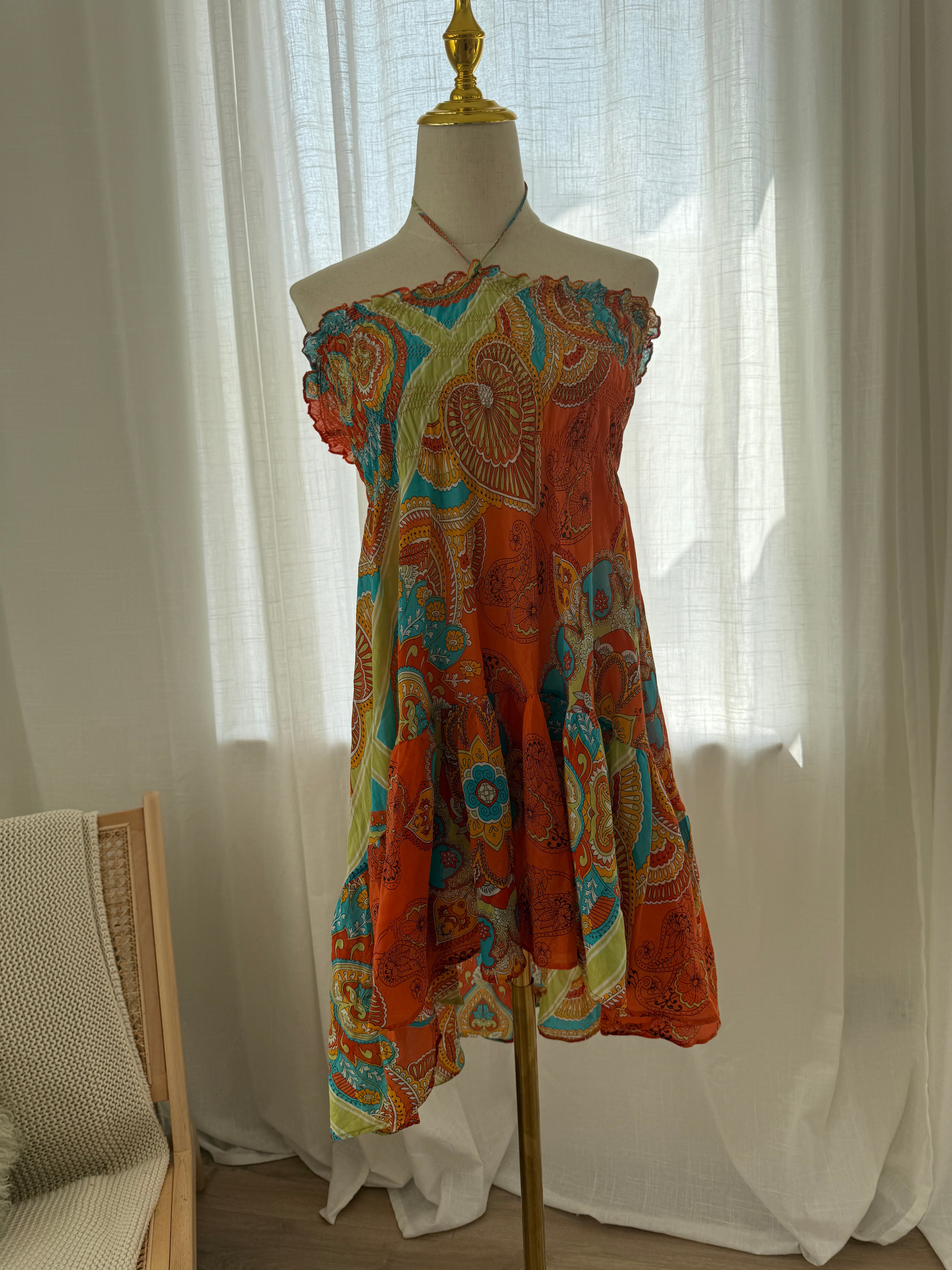 Joie Orange Printed Halterneck Mini Dress | Cotton Silk Ruffle Trim Tent Dress – Size S