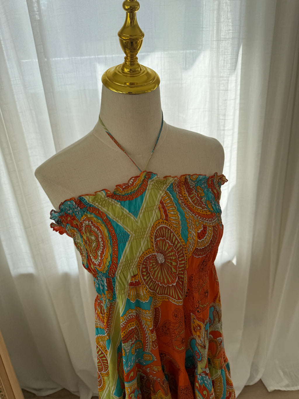 Joie Orange Printed Halterneck Mini Dress | Cotton Silk Ruffle Trim Tent Dress – Size S