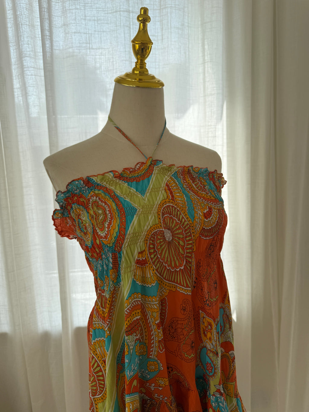 Joie Orange Printed Halterneck Mini Dress | Cotton Silk Ruffle Trim Tent Dress – Size S