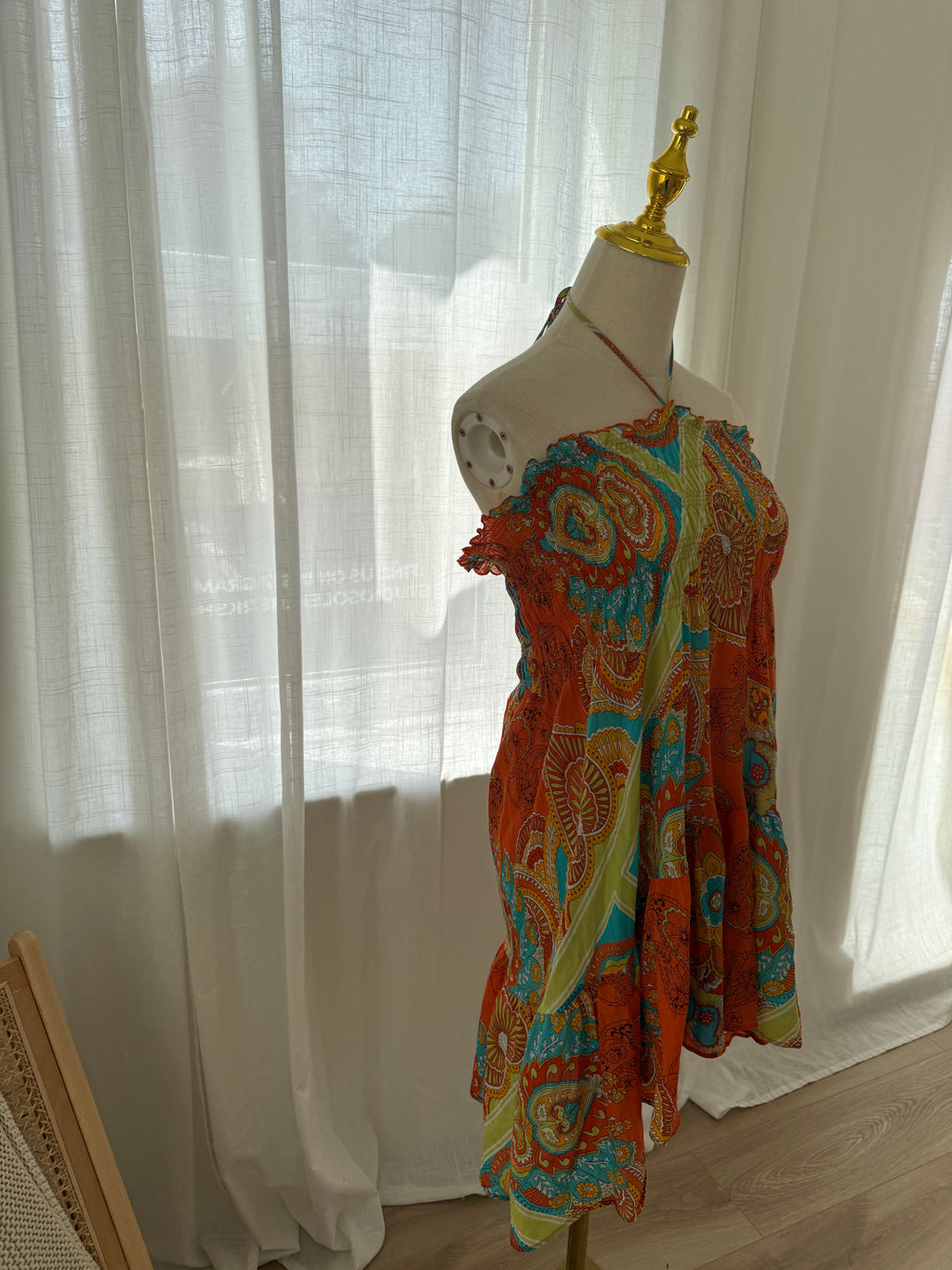 Joie Orange Printed Halterneck Mini Dress | Cotton Silk Ruffle Trim Tent Dress – Size S