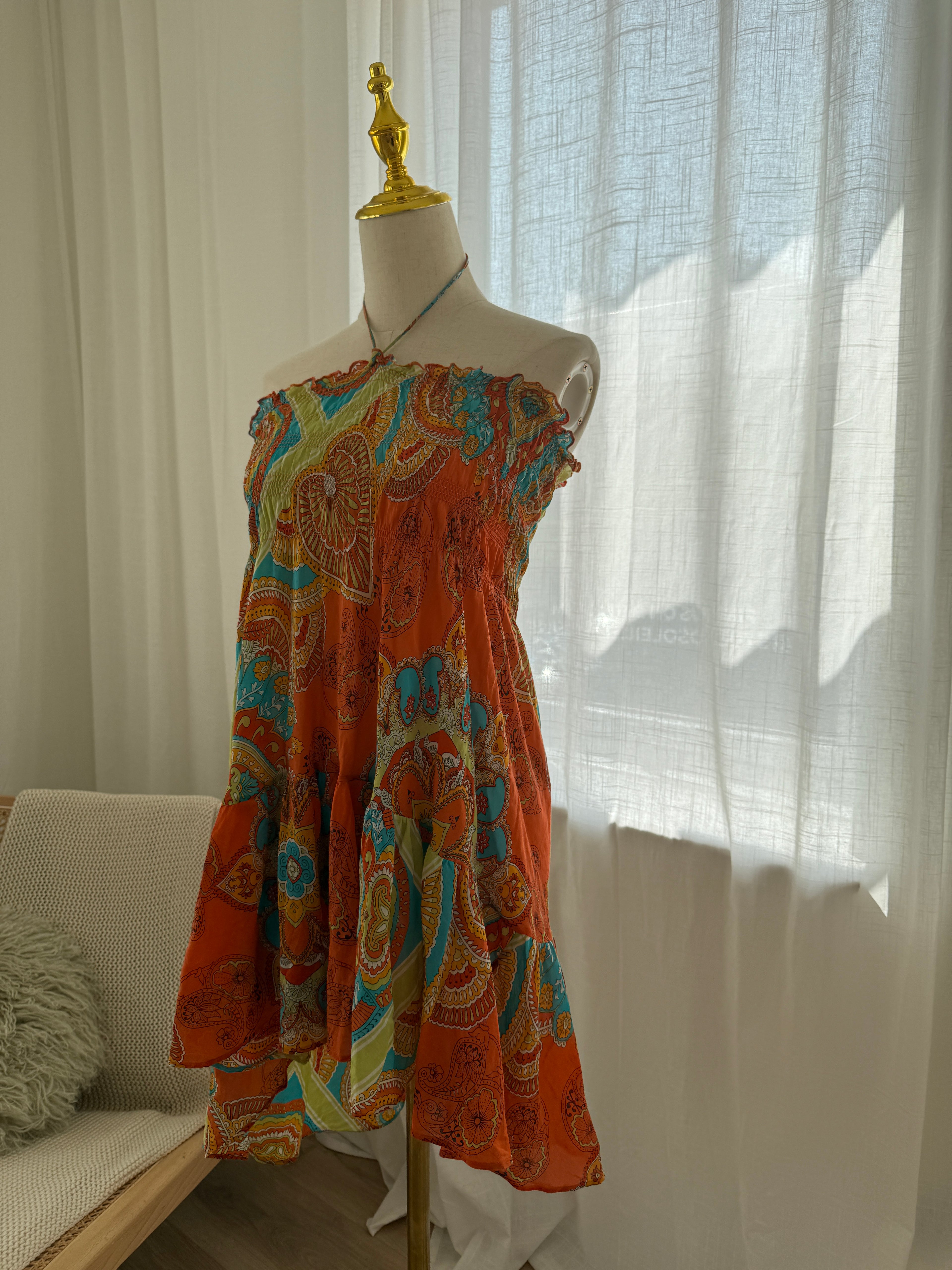 Joie Orange Printed Halterneck Mini Dress | Cotton Silk Ruffle Trim Tent Dress – Size S