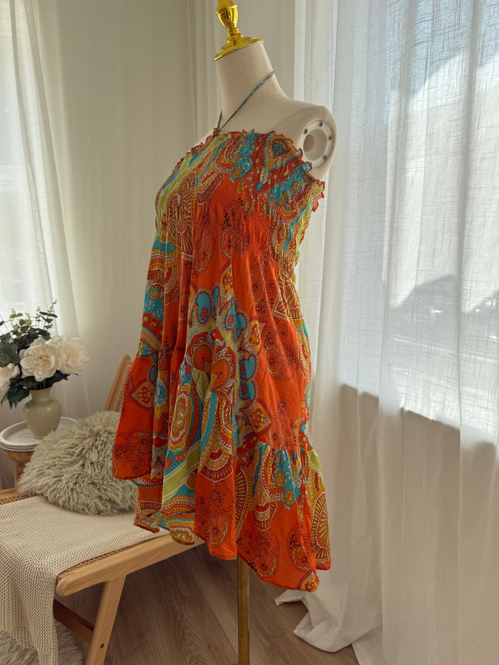 Joie Orange Printed Halterneck Mini Dress | Cotton Silk Ruffle Trim Tent Dress – Size S
