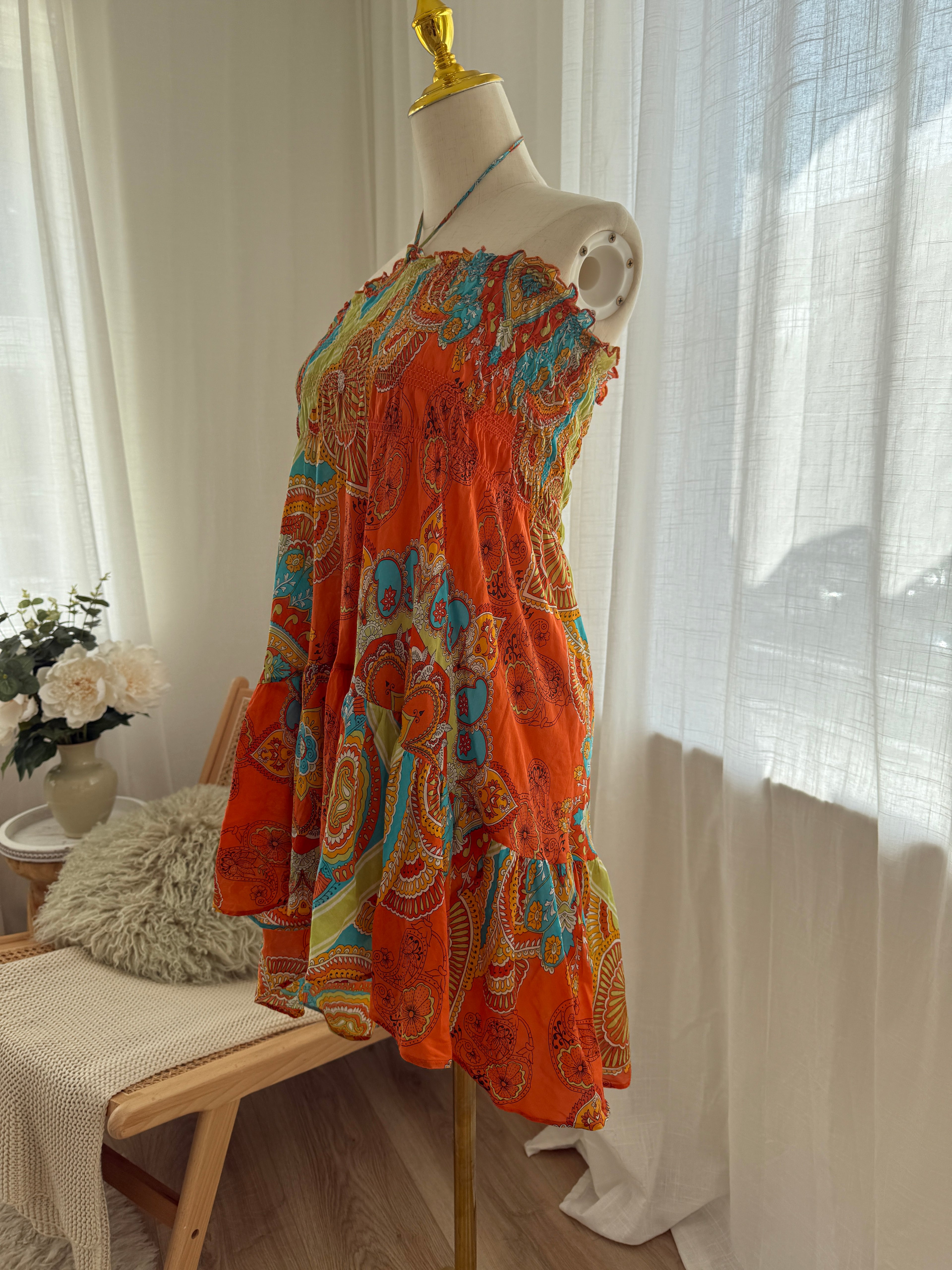 Joie Orange Printed Halterneck Mini Dress | Cotton Silk Ruffle Trim Tent Dress – Size S