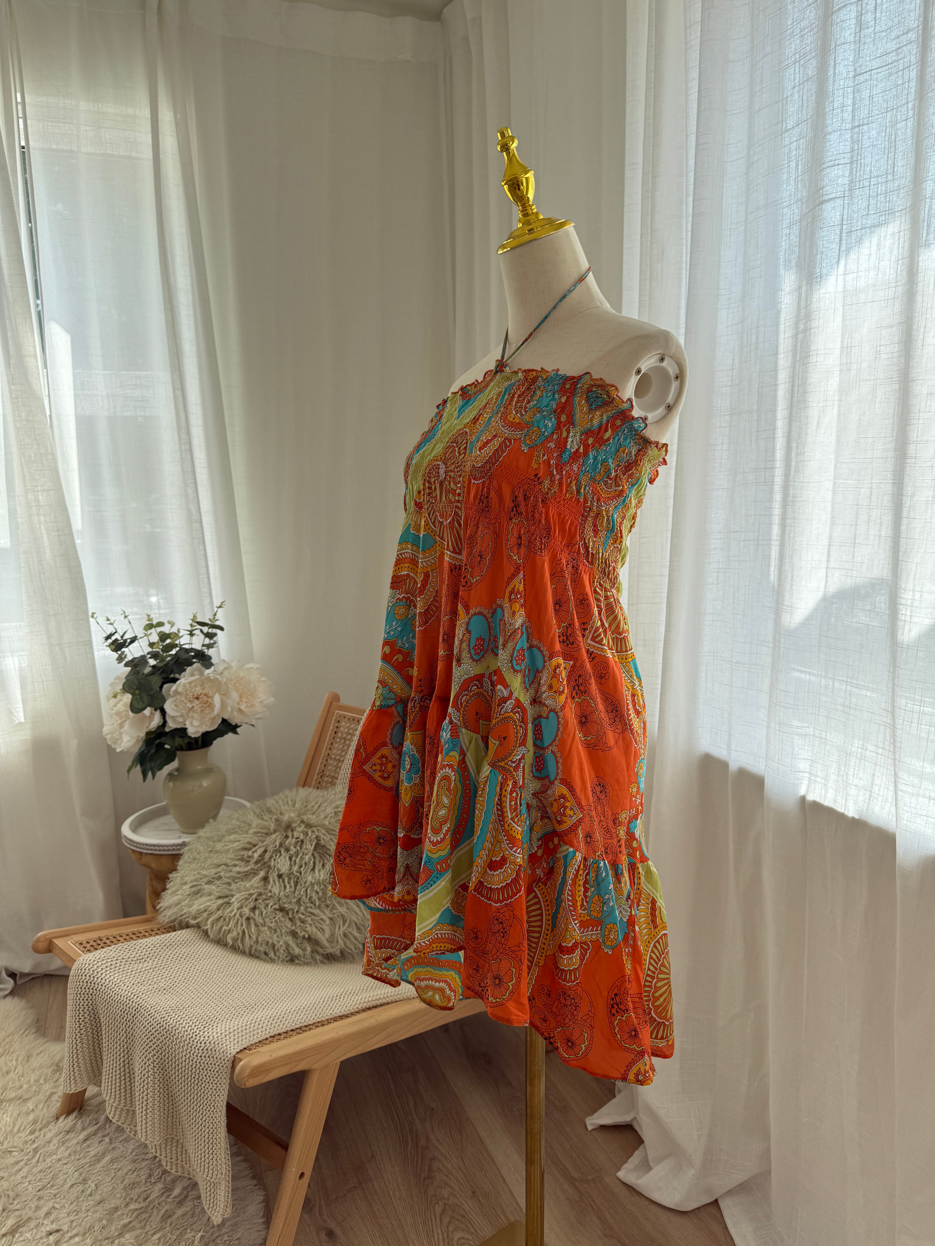 Joie Orange Printed Halterneck Mini Dress | Cotton Silk Ruffle Trim Tent Dress – Size S