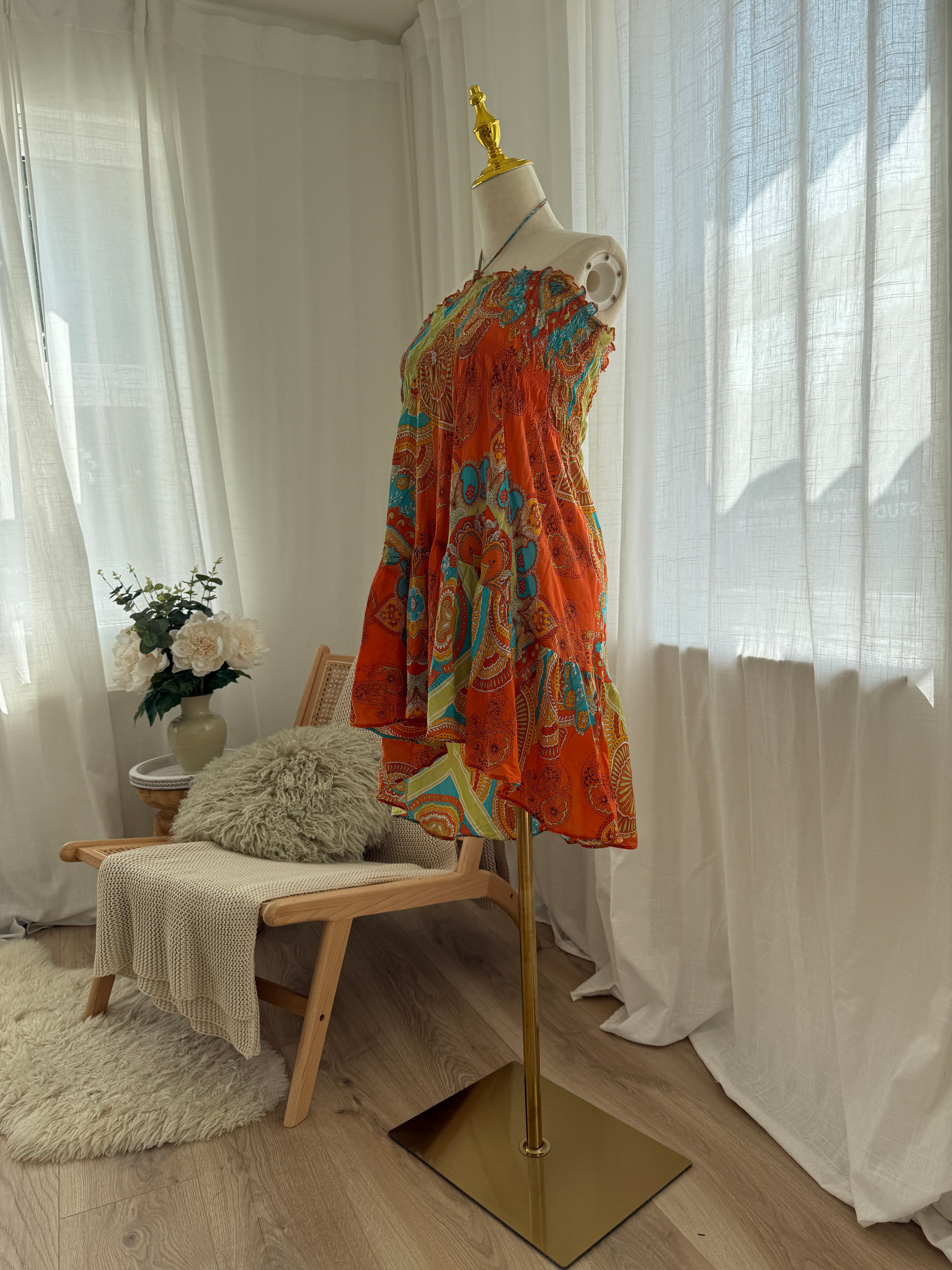 Joie Orange Printed Halterneck Mini Dress | Cotton Silk Ruffle Trim Tent Dress – Size S