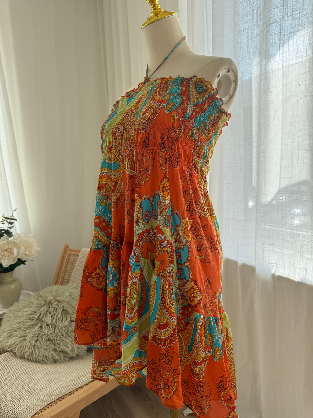 Joie Orange Printed Halterneck Mini Dress | Cotton Silk Ruffle Trim Tent Dress – Size S