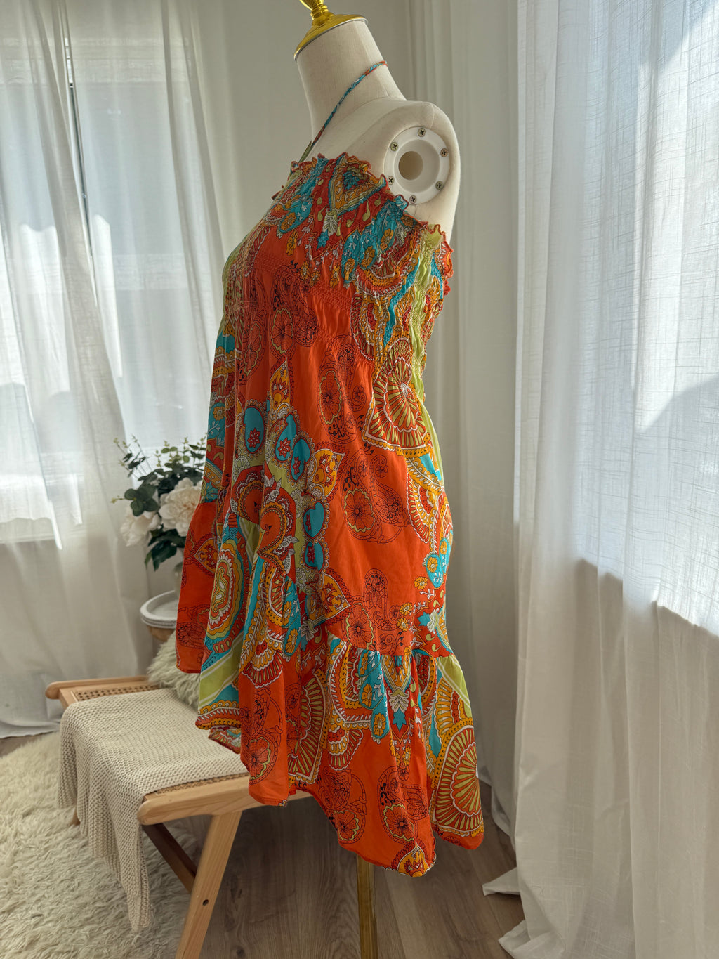 Joie Orange Printed Halterneck Mini Dress | Cotton Silk Ruffle Trim Tent Dress – Size S