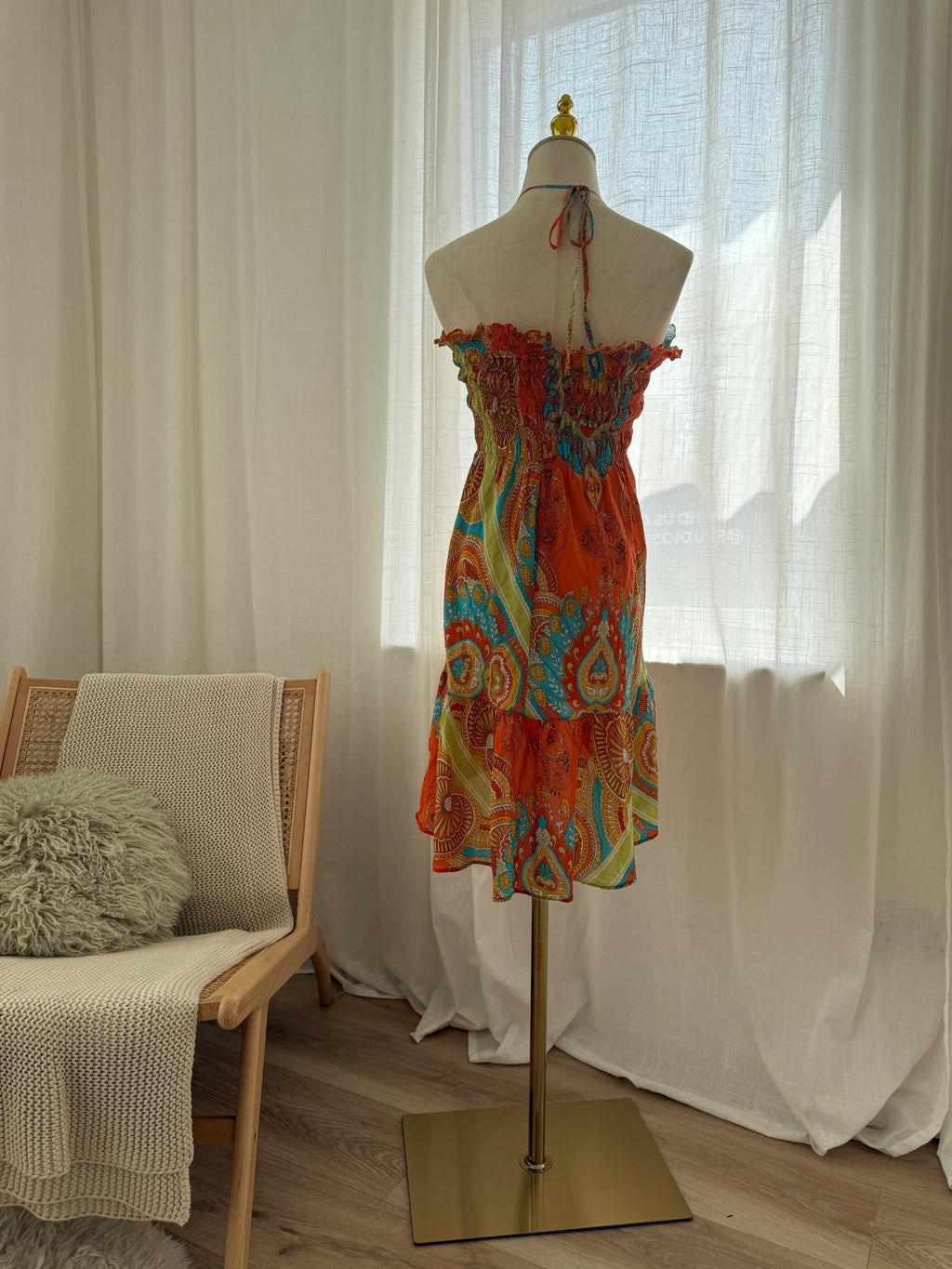 Joie Orange Printed Halterneck Mini Dress | Cotton Silk Ruffle Trim Tent Dress – Size S