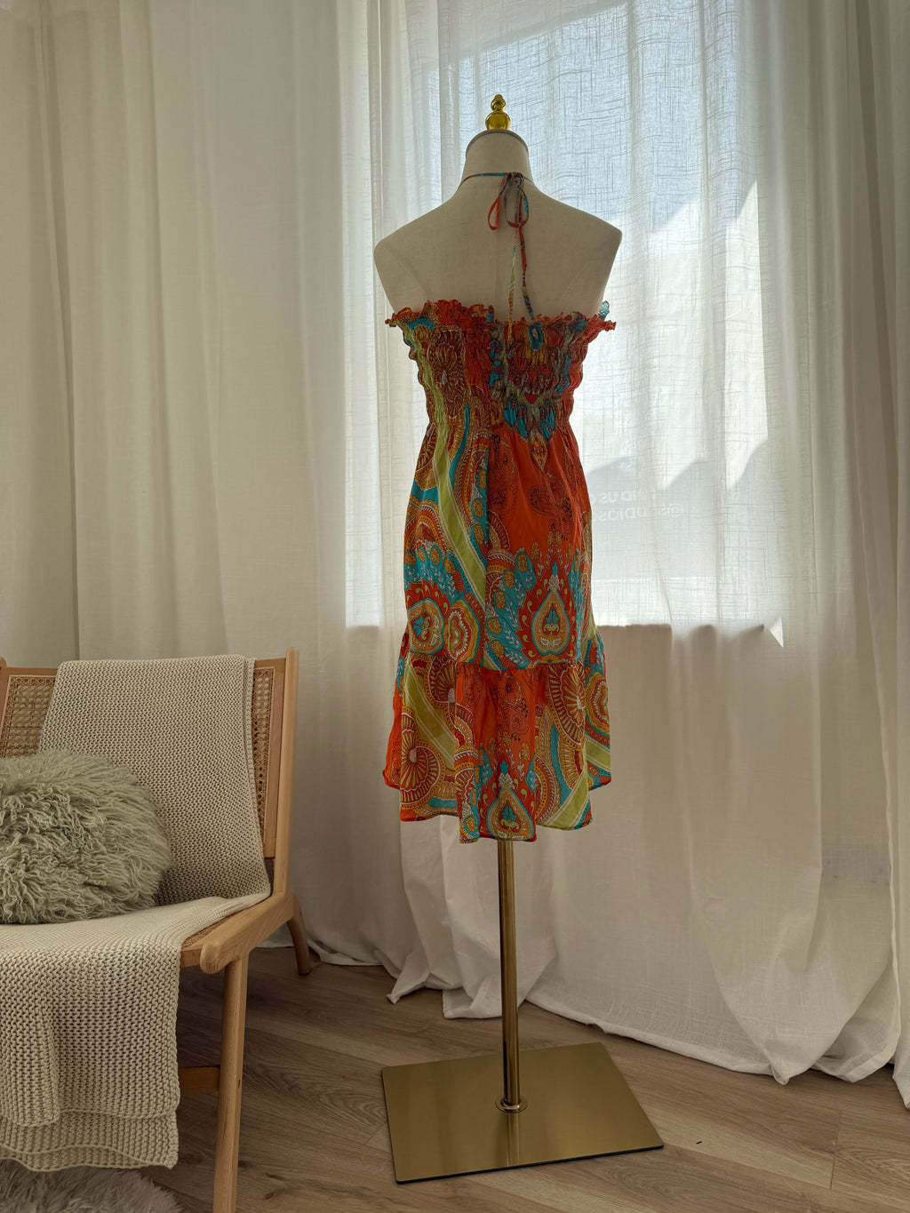 Joie Orange Printed Halterneck Mini Dress | Cotton Silk Ruffle Trim Tent Dress – Size S