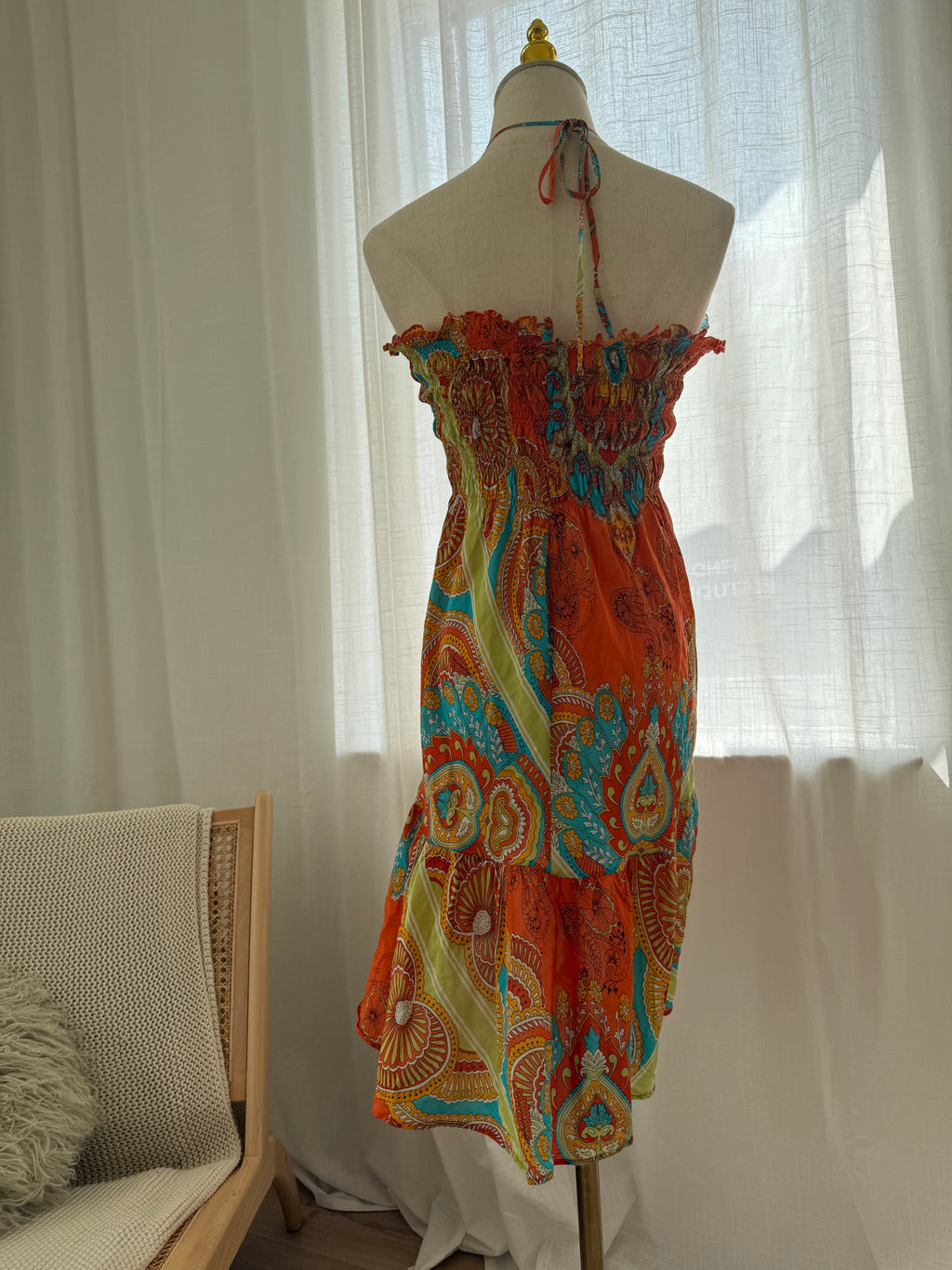 Joie Orange Printed Halterneck Mini Dress | Cotton Silk Ruffle Trim Tent Dress – Size S